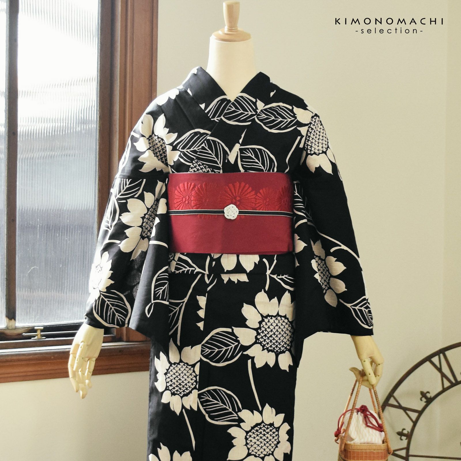 浴衣 レディース 女性浴衣単品 「花子倶楽部：ひまわり 黒」Fサイズ 綿
