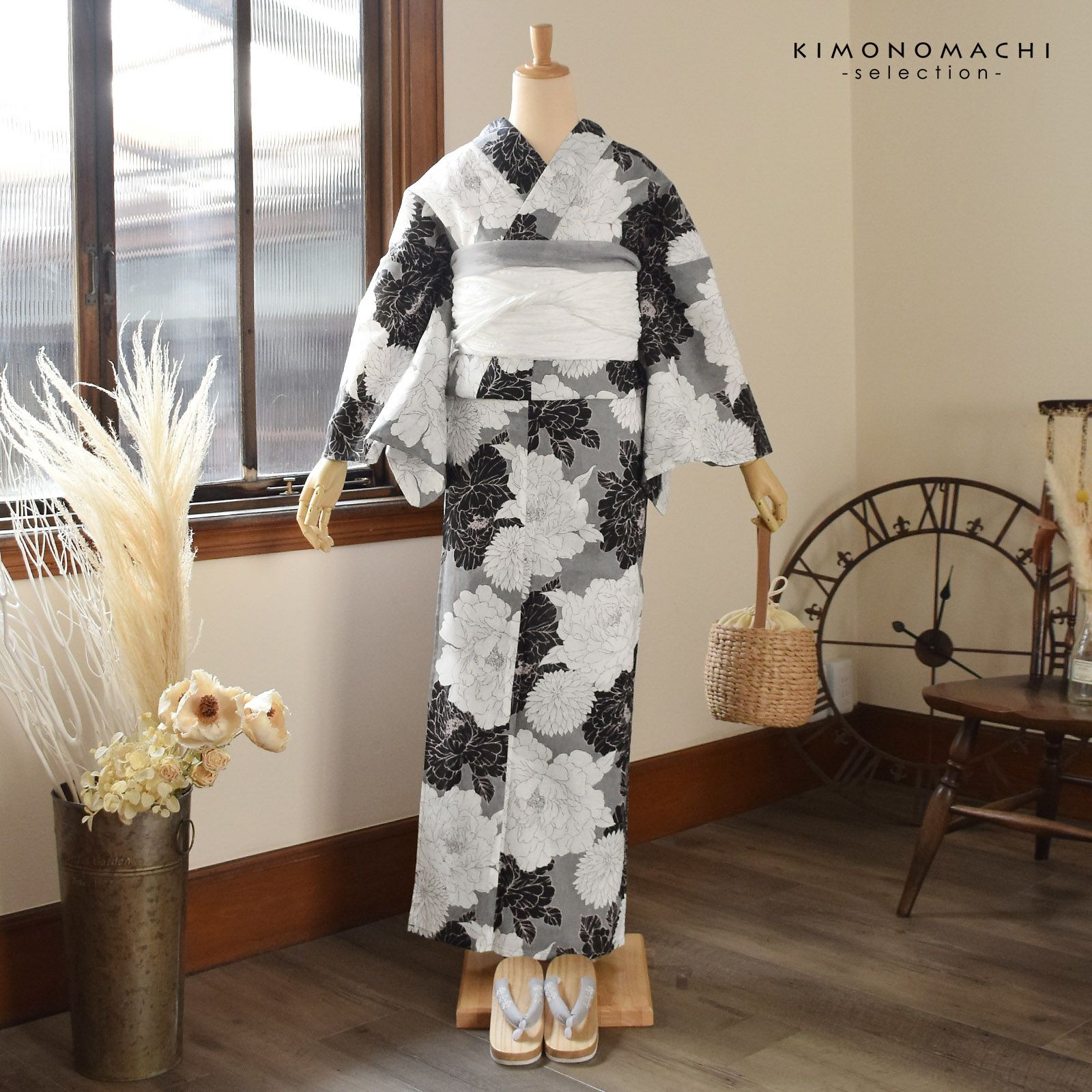 浴衣 レディース 女性浴衣単品 九重×中村里砂「グレー 牡丹」Fサイズ