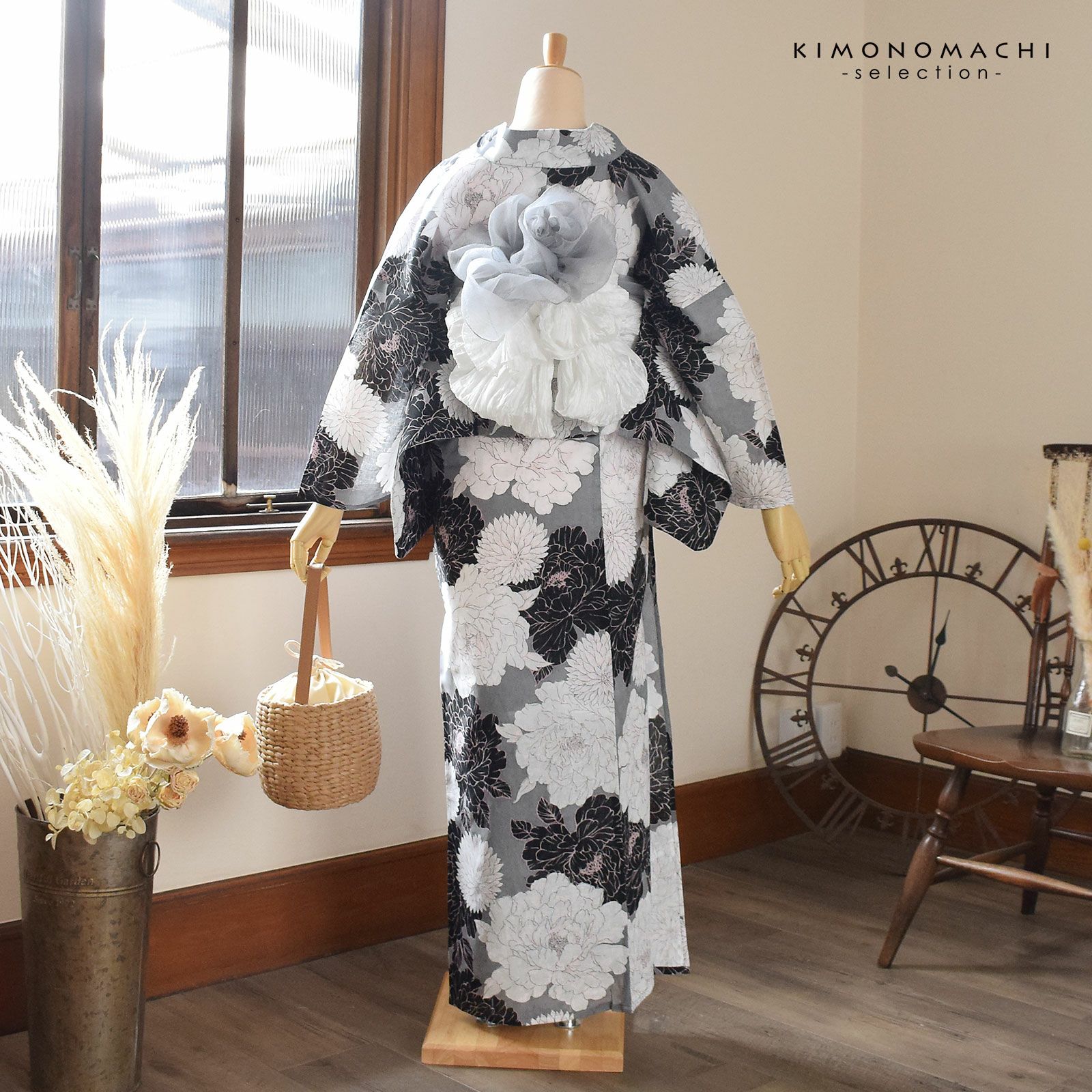 【綿麻】浴衣 単品 黒 グレー 菊 フリーサイズ レディース wy32 kimono cafe（キモノカフェ） 大人の浴衣 綿麻浴衣 単品 レディース 8