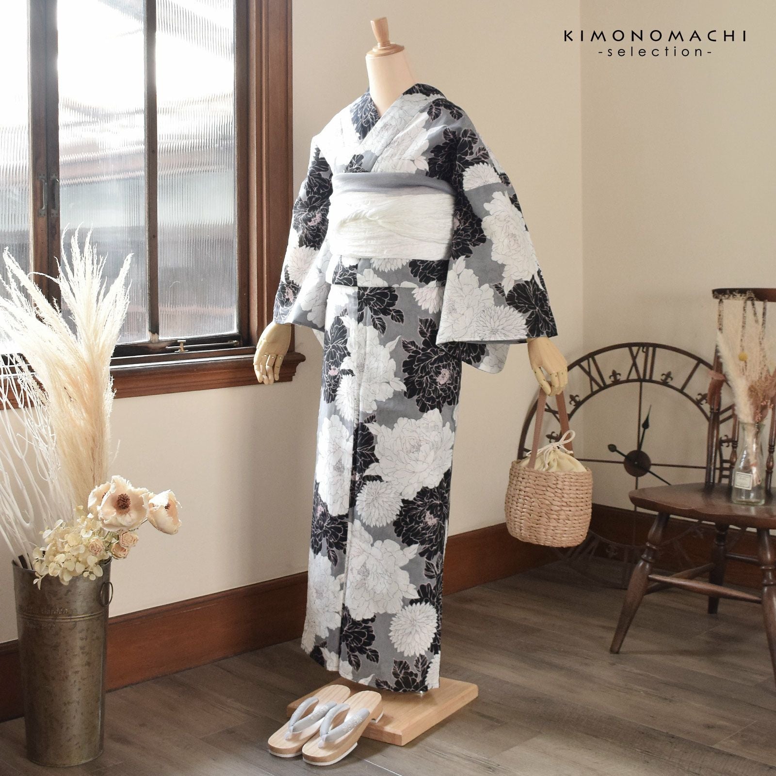 浴衣 レディース 女性浴衣単品 九重×中村里砂「グレー 牡丹」Fサイズ