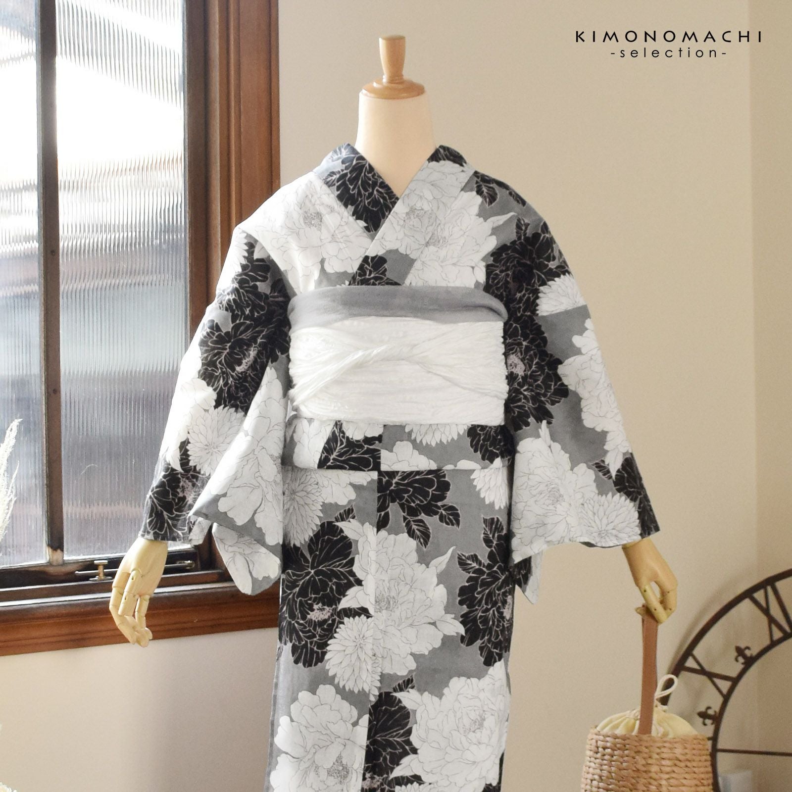 浴衣 レディース 女性浴衣単品 九重×中村里砂「グレー 牡丹」Fサイズ