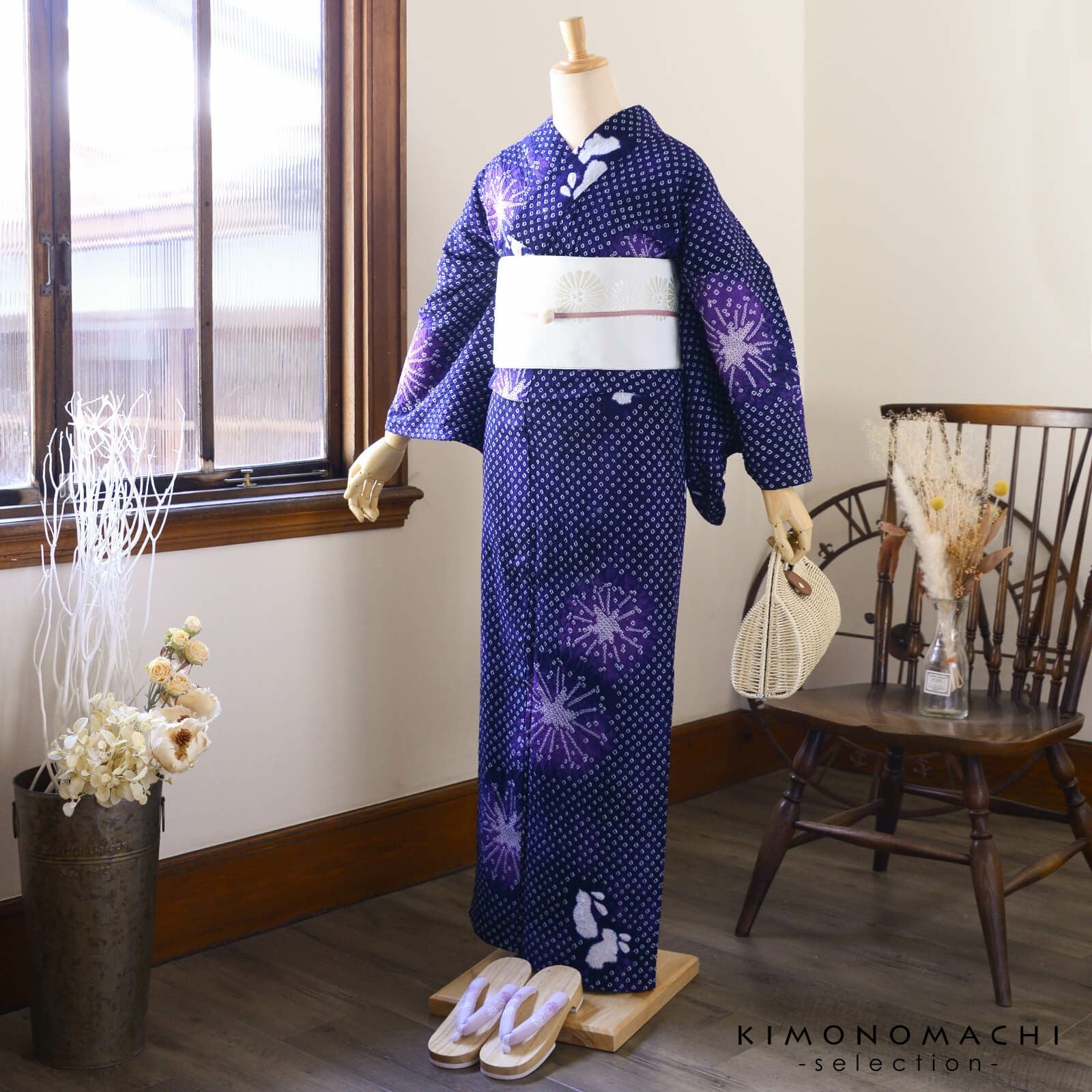 お仕立て上がり絞り浴衣単品「夢はなび 紫紺」有松絞り 女性浴衣単品