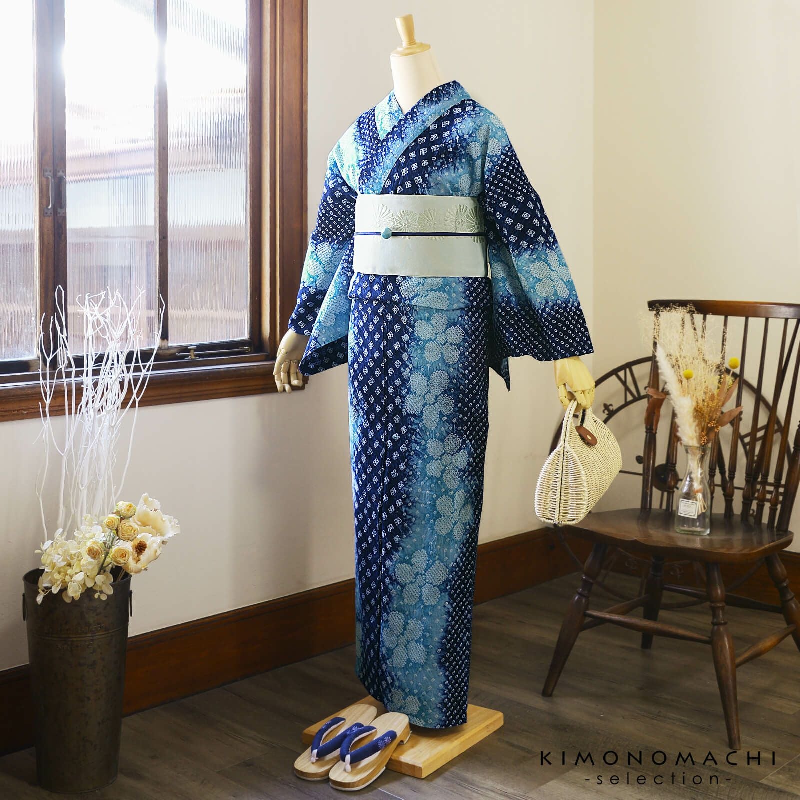 お仕立て上がり絞り浴衣単品「花言葉 紺ブルー」有松絞り 女性浴衣単品