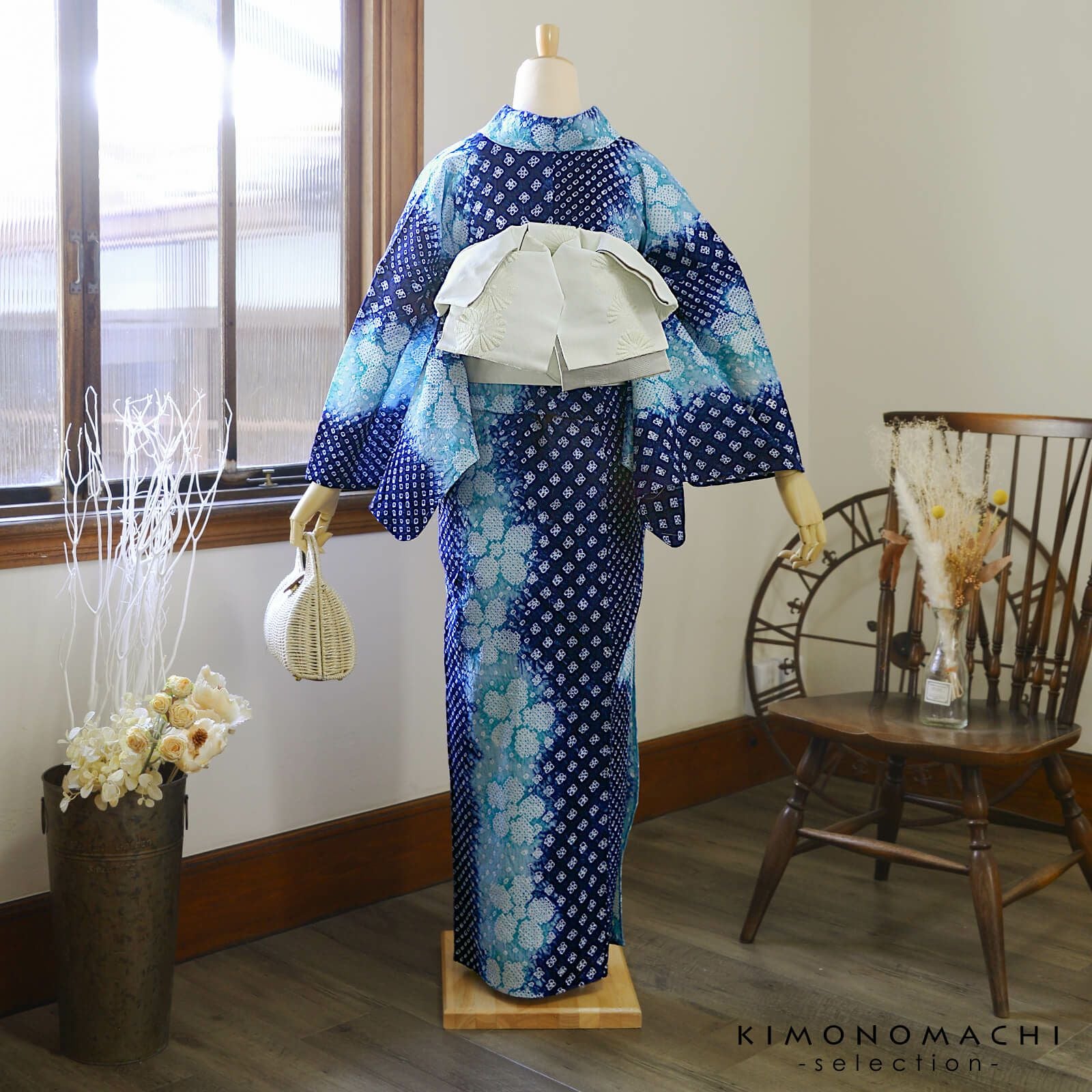 お仕立て上がり絞り浴衣単品「花言葉 紺ブルー」有松絞り 女性浴衣単品