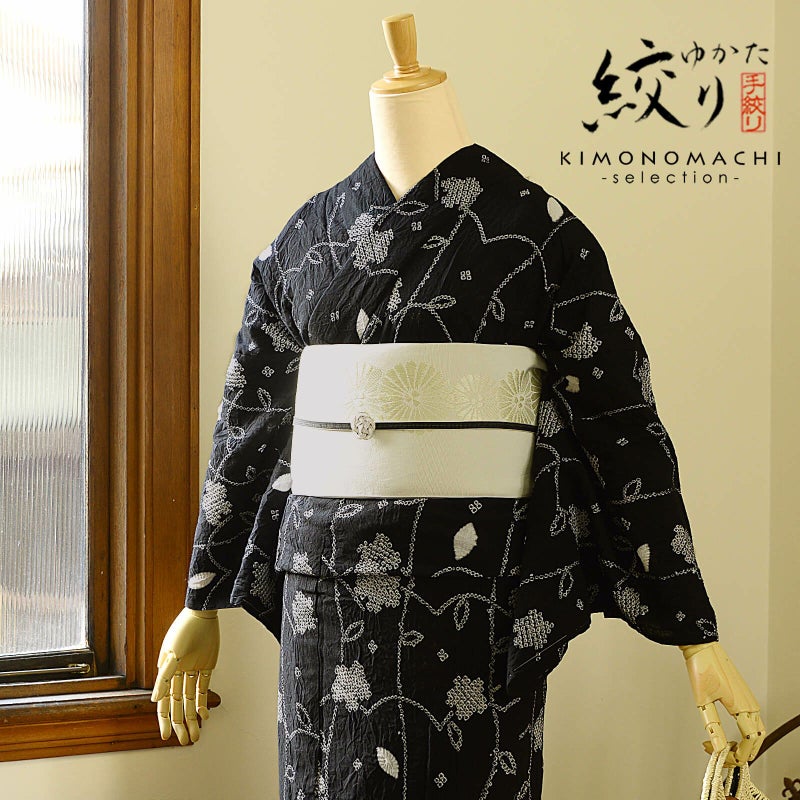 お仕立て上がり絞り浴衣単品「フラワータペストリー　黒」有松絞り 女性浴衣単品 レディース浴衣単品 綿 お仕立て上がり浴衣 yukata