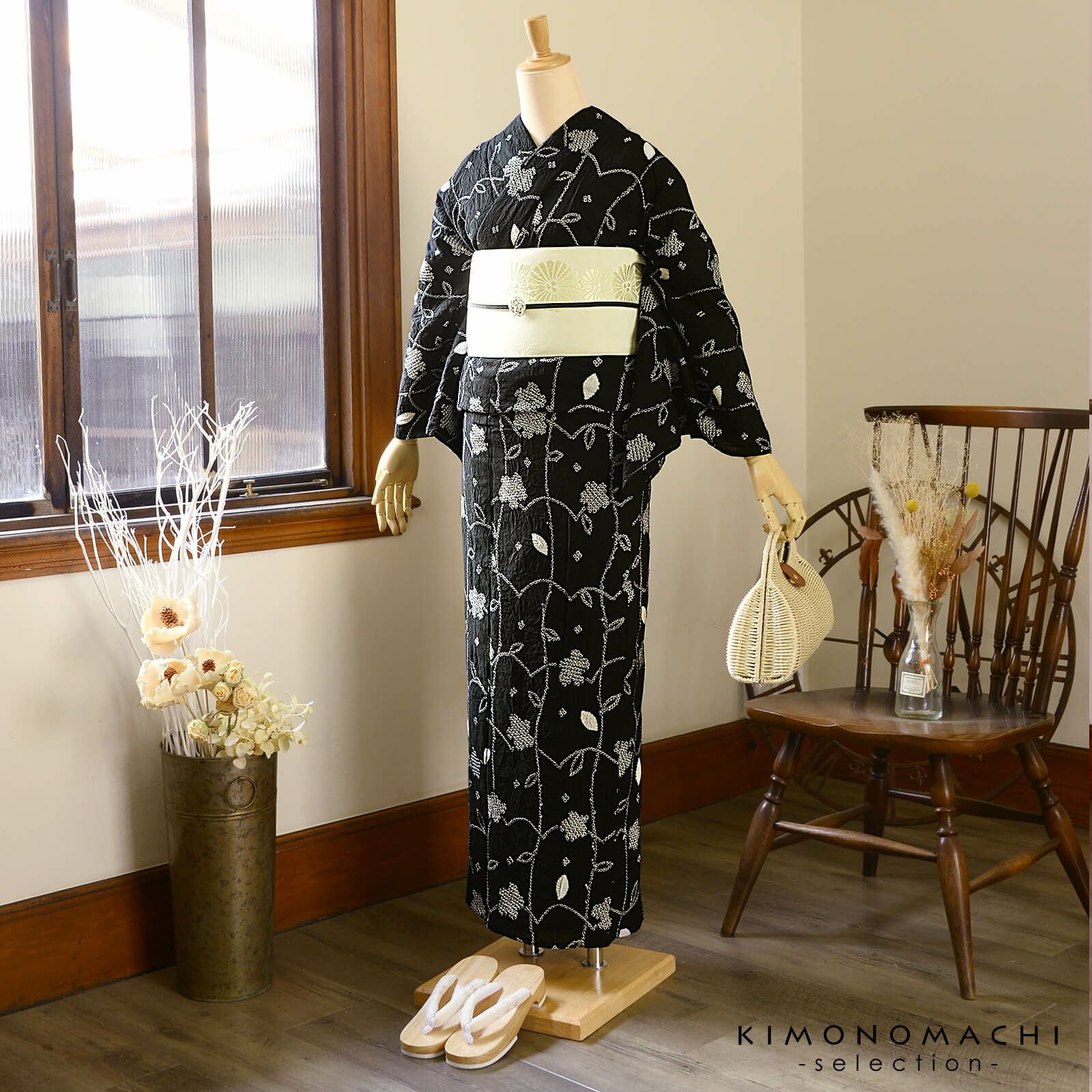 お仕立て上がり絞り浴衣単品「フラワータペストリー 黒」有松絞り 女性