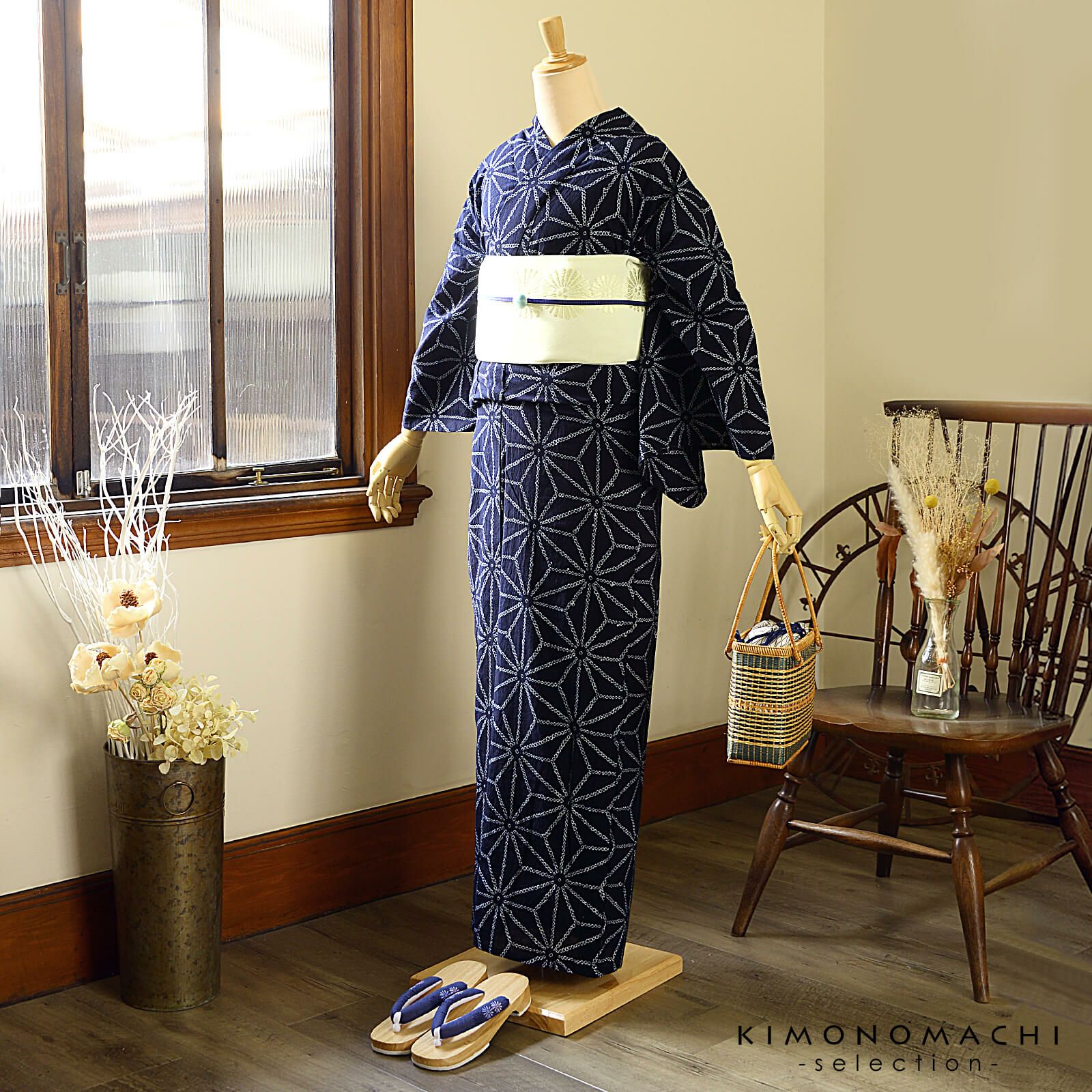 お仕立て上がり絞り浴衣単品「麻の葉 紺」有松絞り 女性浴衣単品