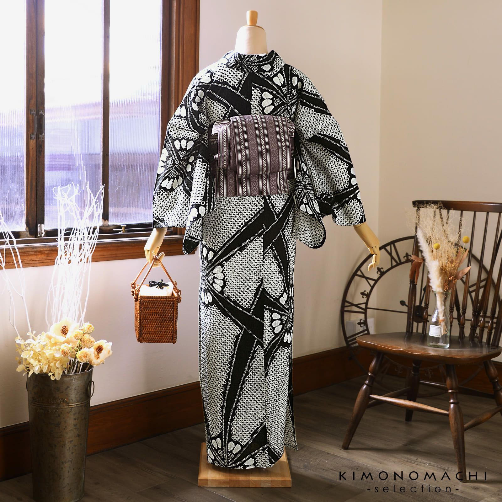 お仕立て上がり絞り浴衣単品「チャーミング花火 黒」有松絞り 女性浴衣