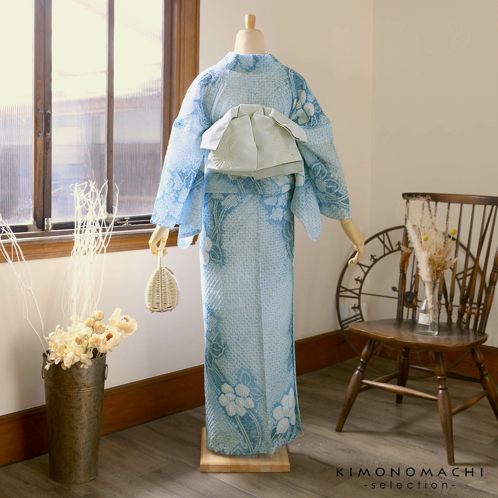 お仕立て上がり絞り浴衣単品「三浦牡丹 水色」有松絞り 女性浴衣単品