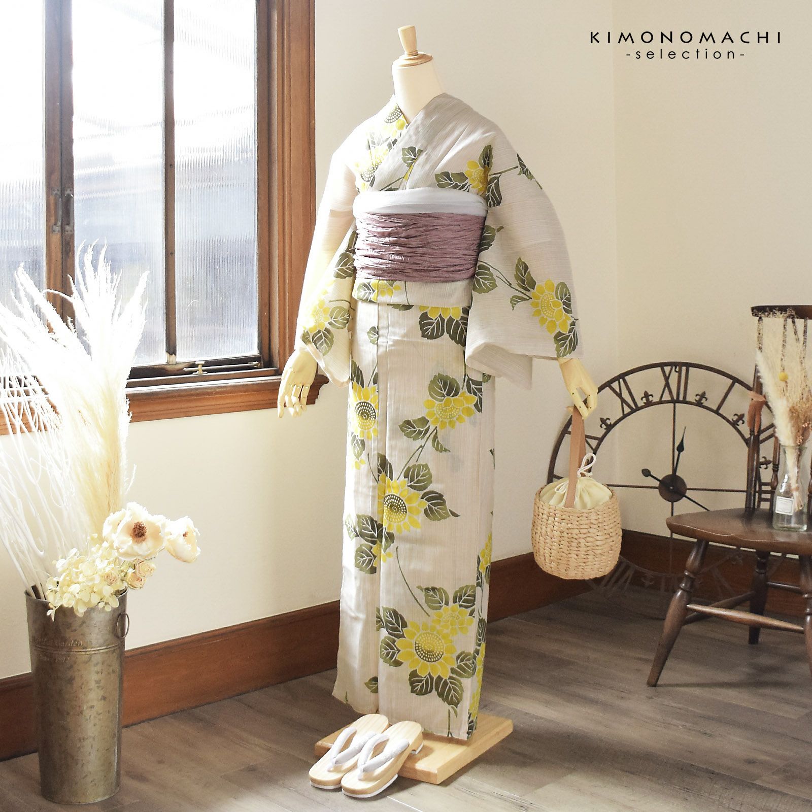 浴衣 レディース 女性浴衣単品 「花子倶楽部：ひまわり 黄色」Fサイズ