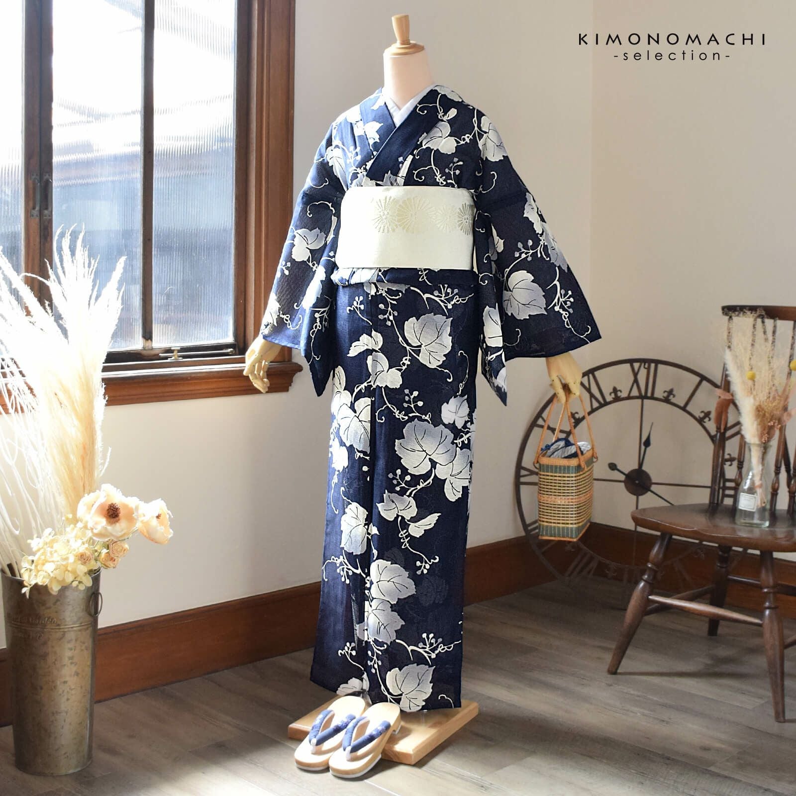 浴衣 レディース 単品 お仕立て上がり浴衣 綿絽浴衣「ぶどう 紺」えん