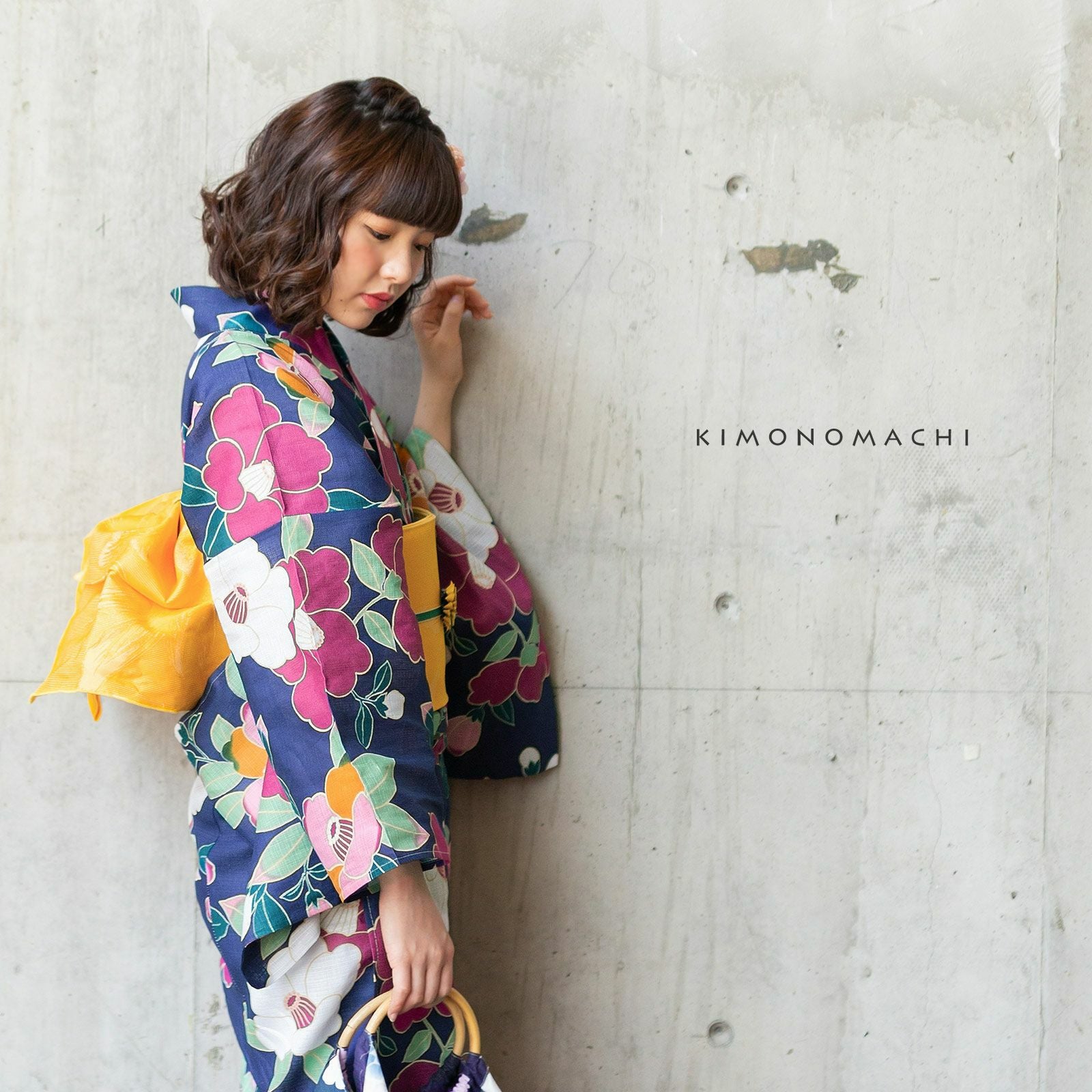 浴衣 レディース 単品「椿 紺」3L/4L 大きいサイズ KIMONOMACHI 京都