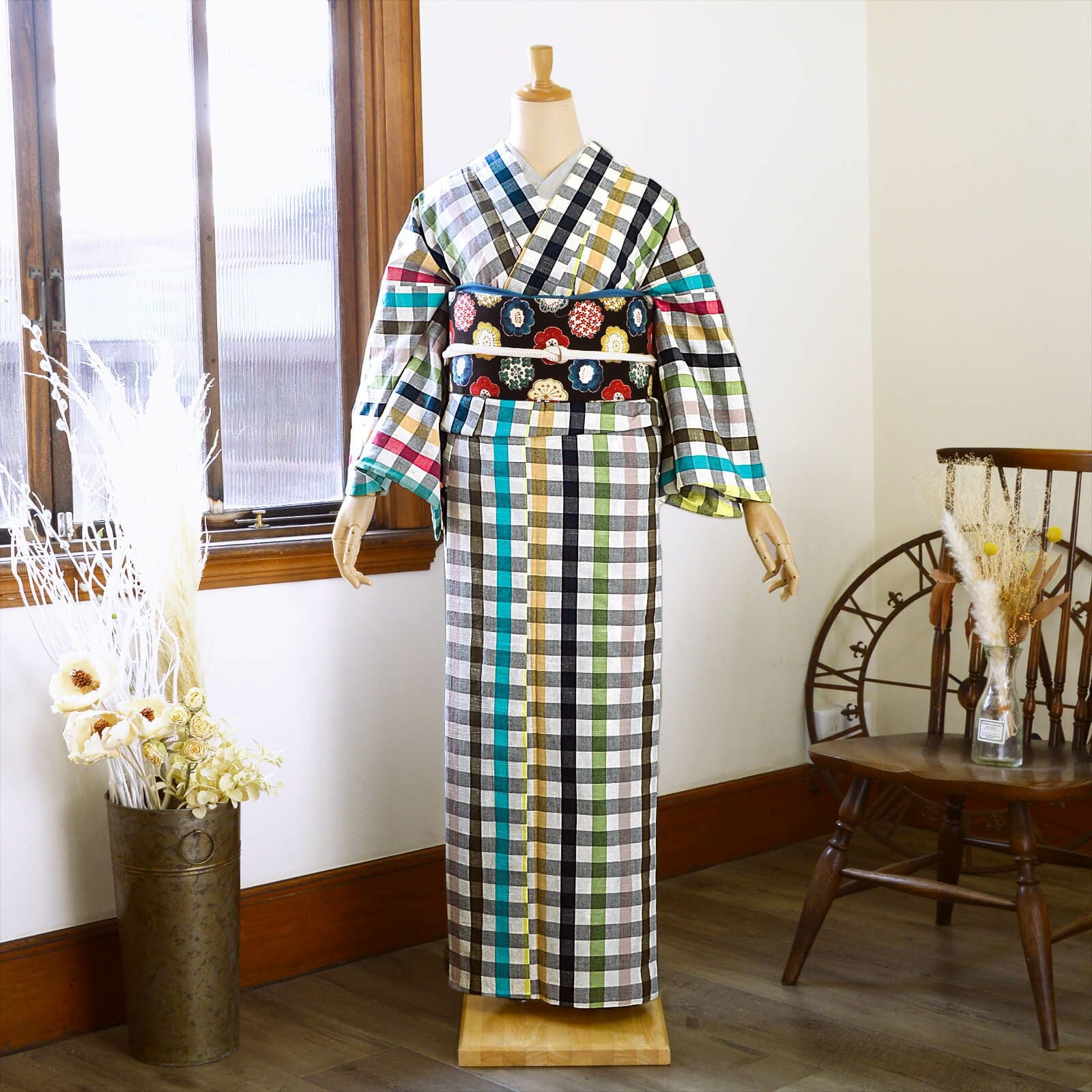 伊勢木綿 洗える着物 単品「重ね格子黒×カラフルチェック」お仕立て
