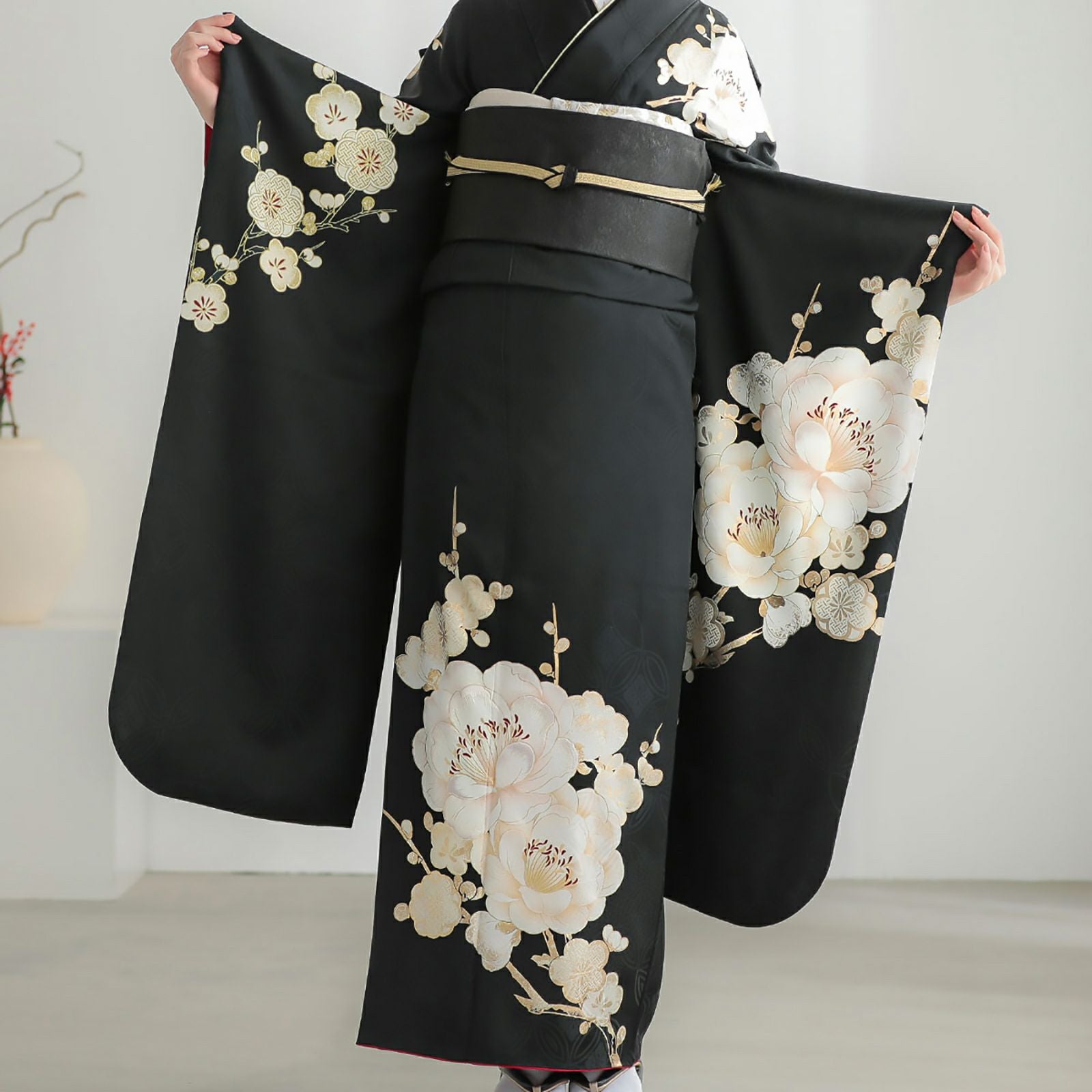 未仕立て 振袖 22点セット「黒 白梅」仮絵羽 振り袖 正絹 着物