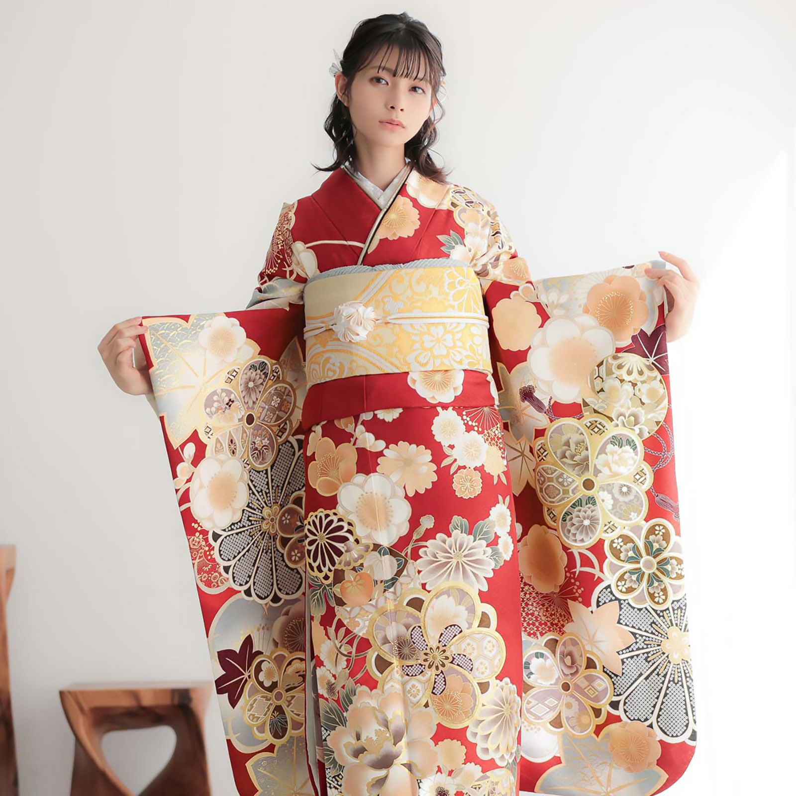 卒業式応援Point10倍 3/5迄)未仕立て 振袖 22点セット「赤 牡丹梅」仮