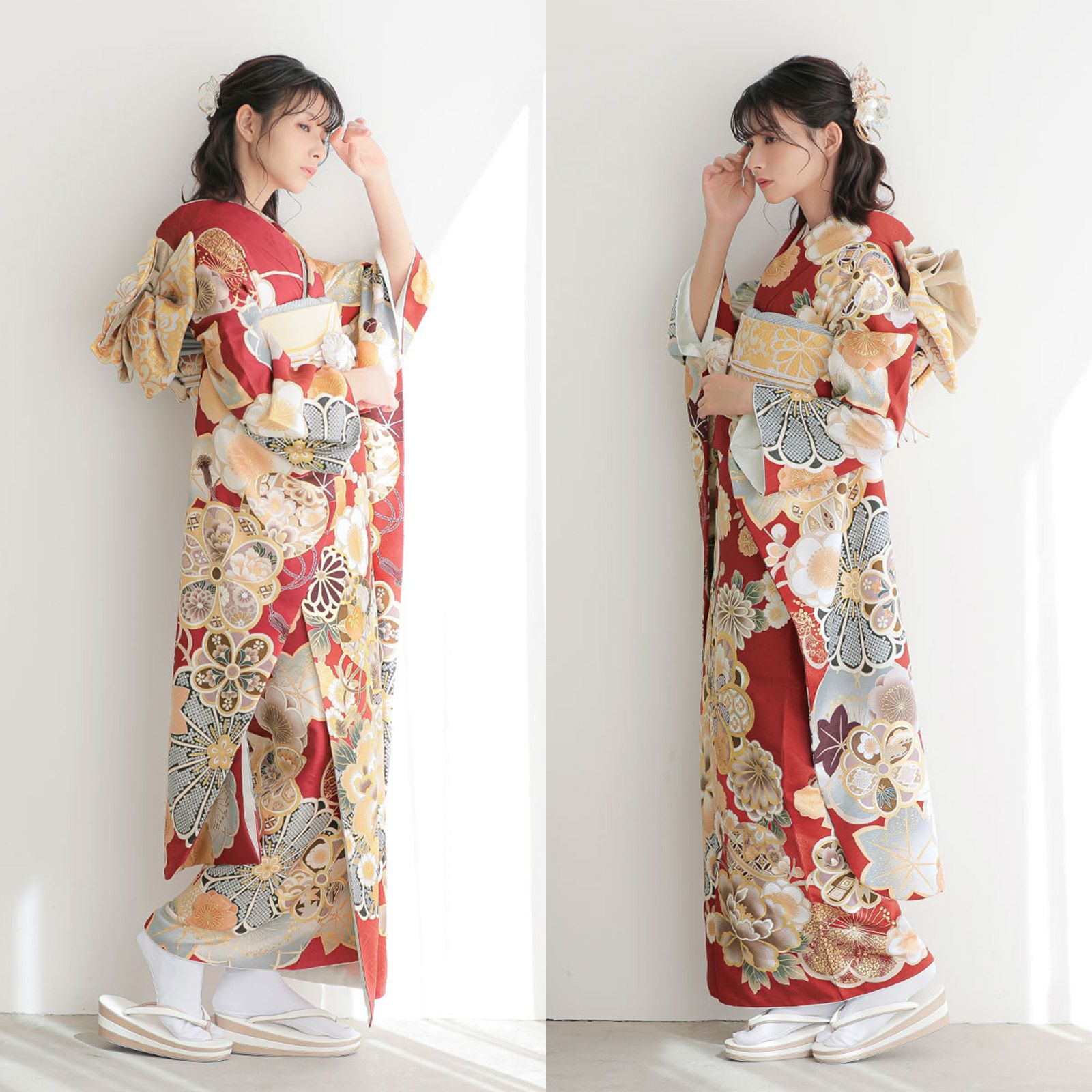 卒業式応援Point10倍 2/19迄)未仕立て 振袖 22点セット「赤 牡丹梅」仮