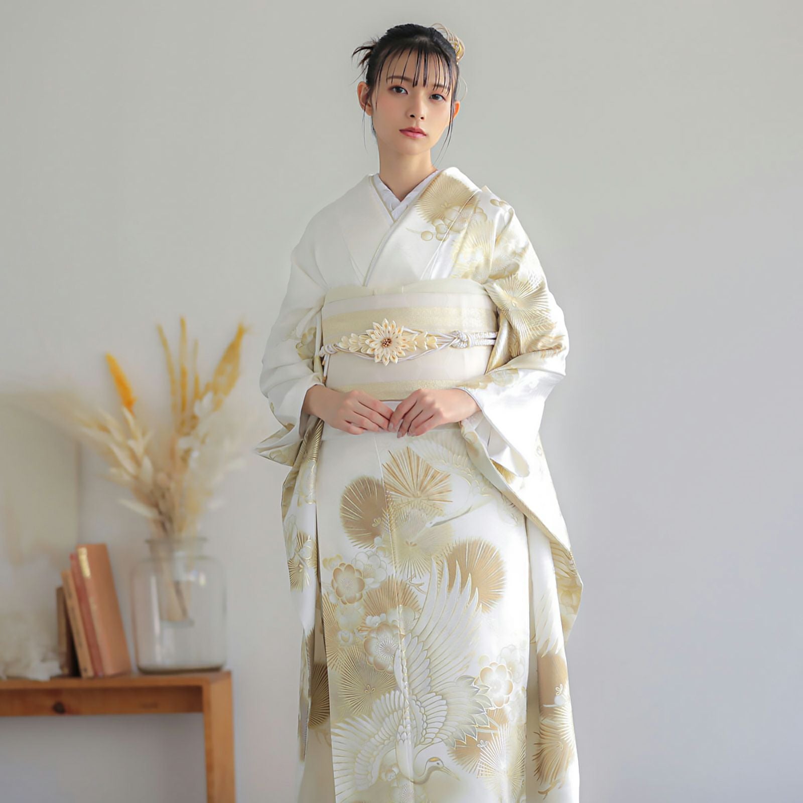 未仕立て 振袖 22点セット「白金 鶴に松梅」仮絵羽 振り袖 正絹 着物