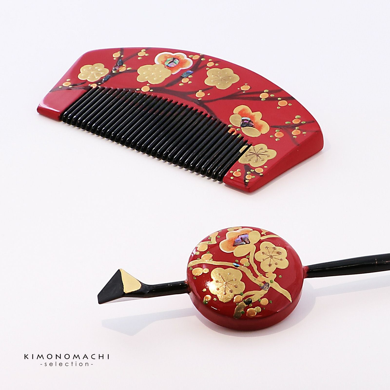 蒔絵櫛 かんざしセット「赤色 梅 B23-025-A」日本製 和装 髪飾り 成人