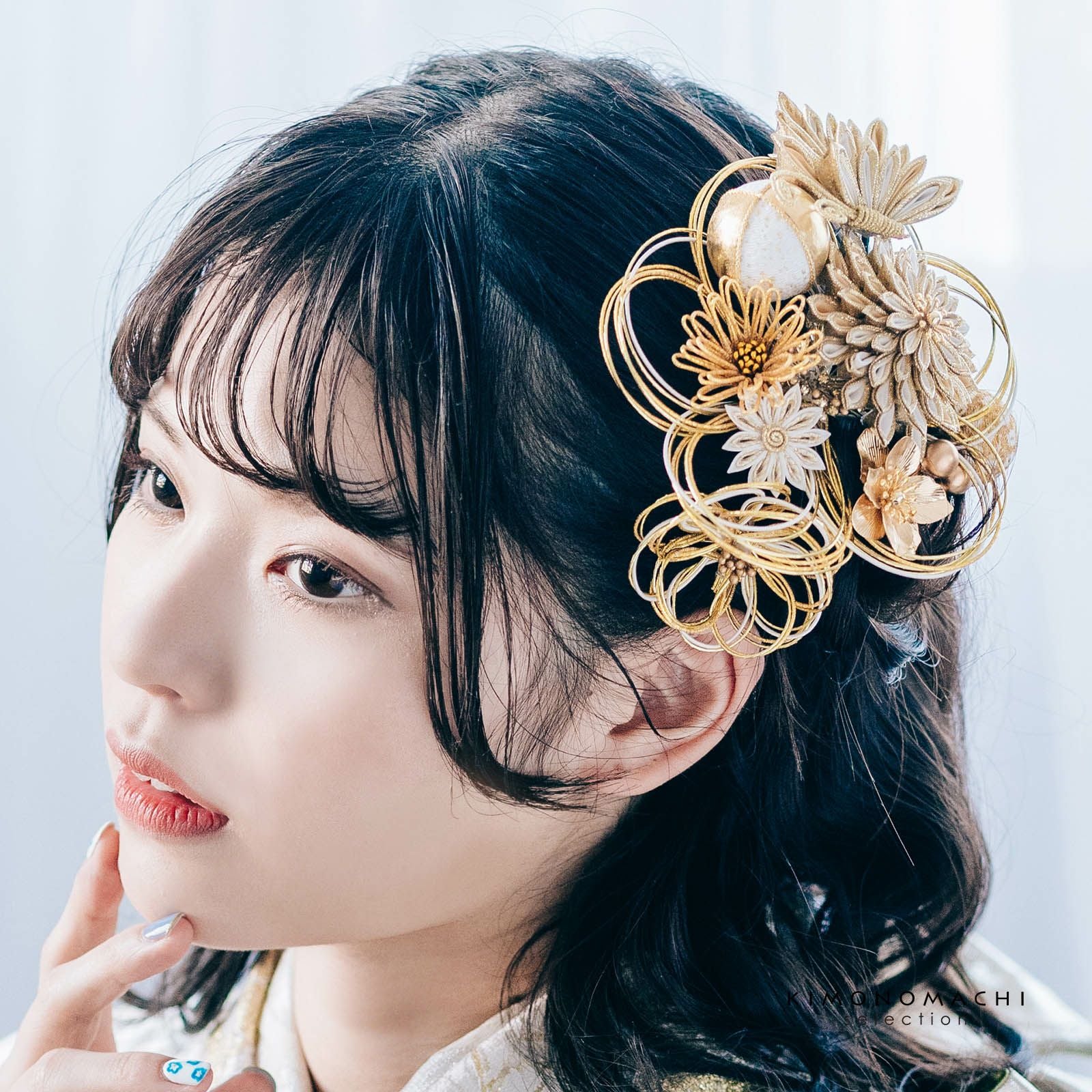No.341 豪華！オフホワイト×ブラック　♡ フラワーピン 振袖髪飾り 髪飾り 成人式 つまみ髪飾り Uピン 12点セット 「フラワーポット 黒 No