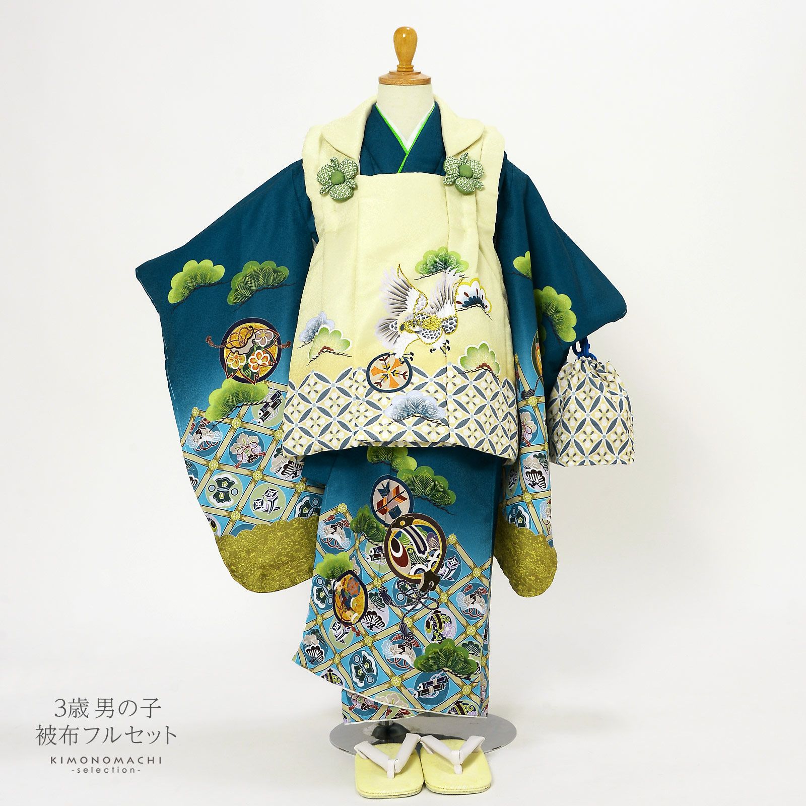 七五三 着物 3歳 男の子 被布セット「裏柳色 孔雀緑、格天井に宝尽くし