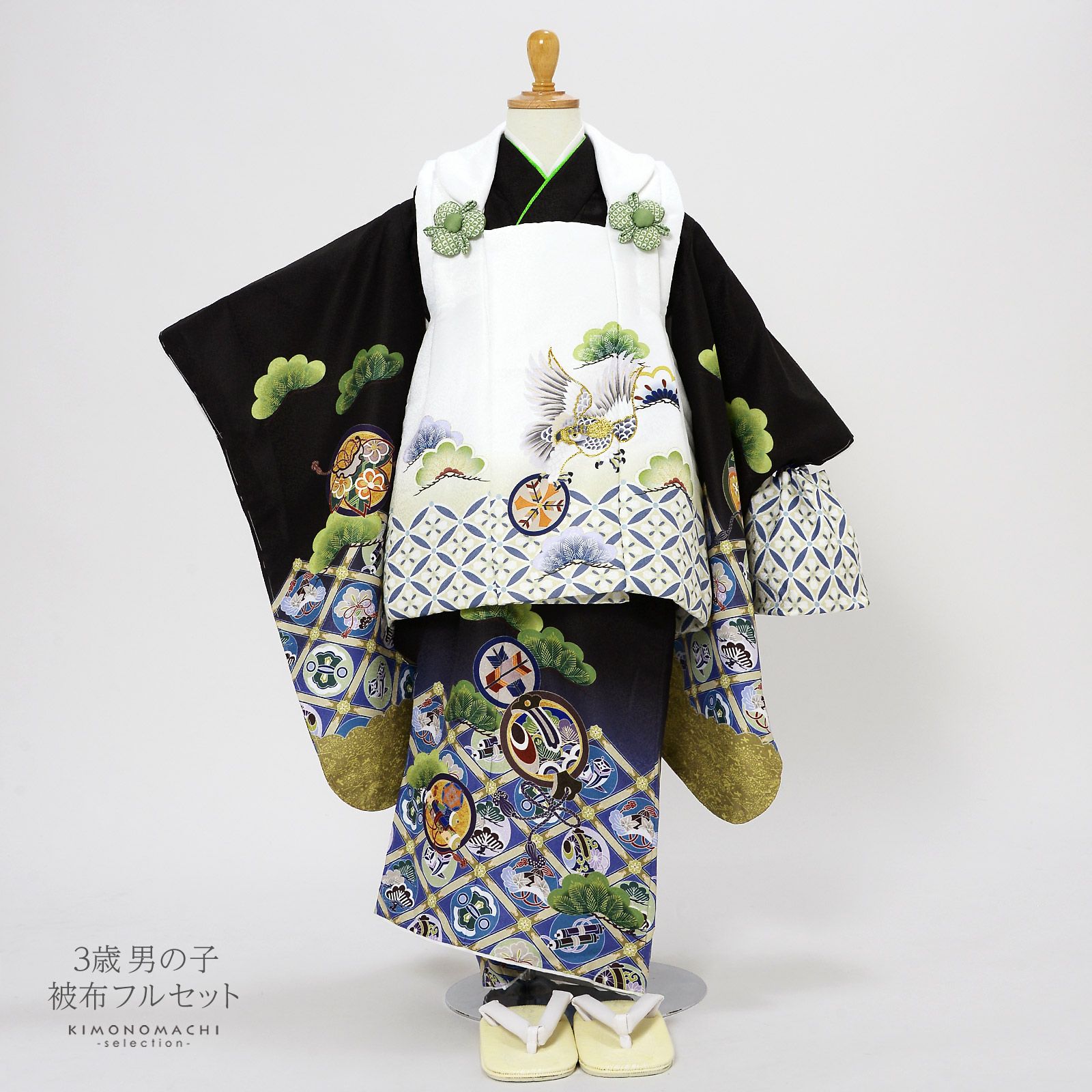 Prices down2】七五三 着物 3歳 男の子 被布セット「白 黒色、格天井に
