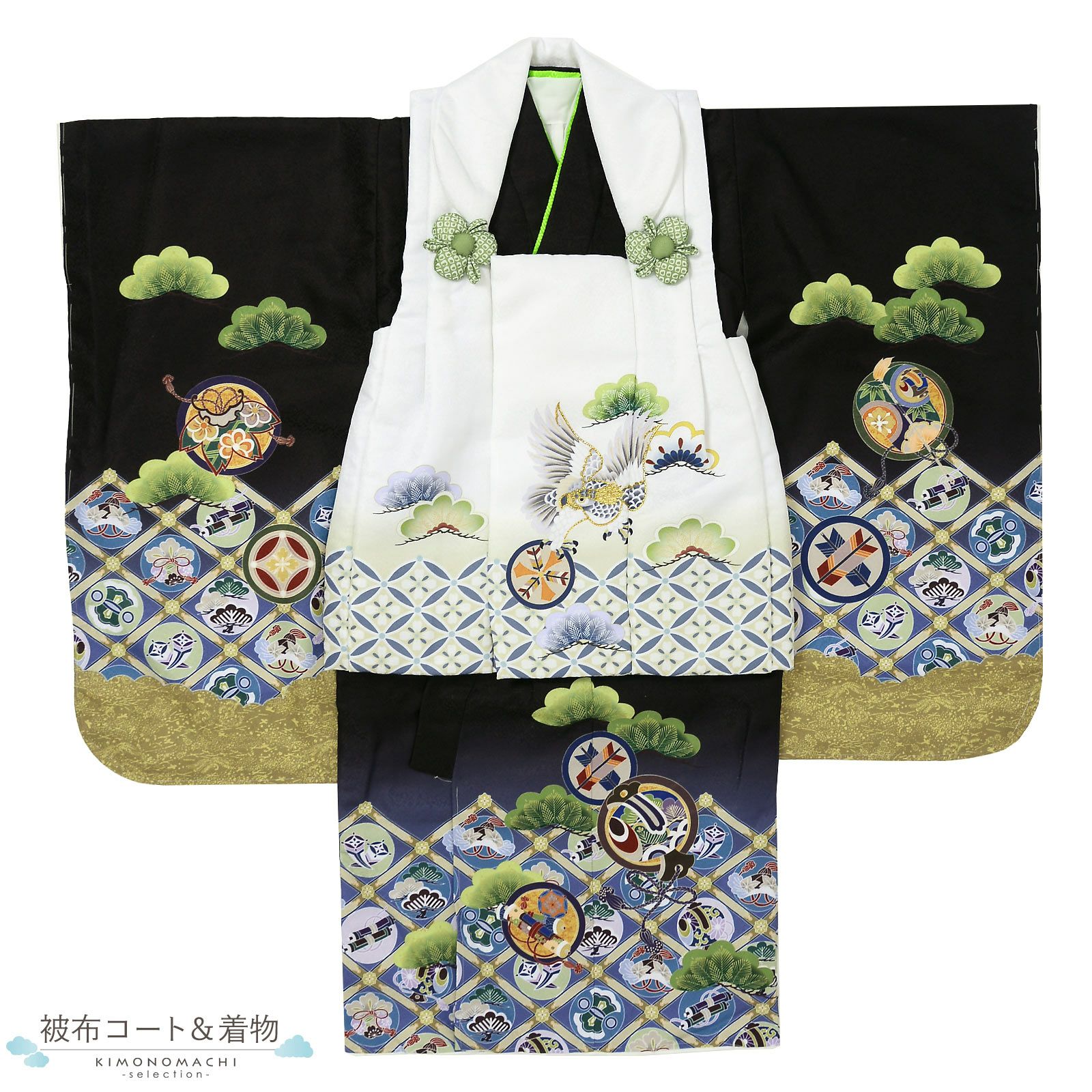 Prices down2】七五三 着物 3歳 男の子 被布セット「白 黒色、格天井に