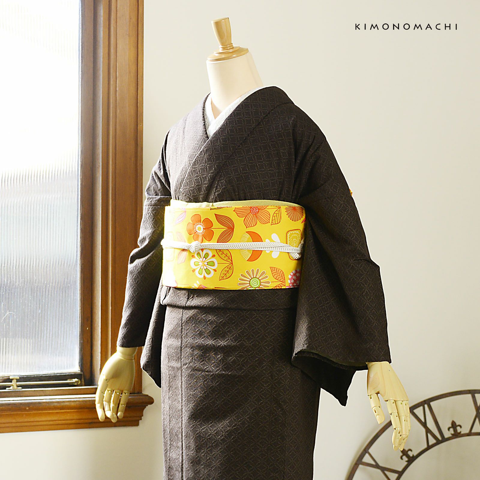 洗える着物 木綿着物と木綿名古屋帯の2点セット「木綿着物：焦げ茶七宝
