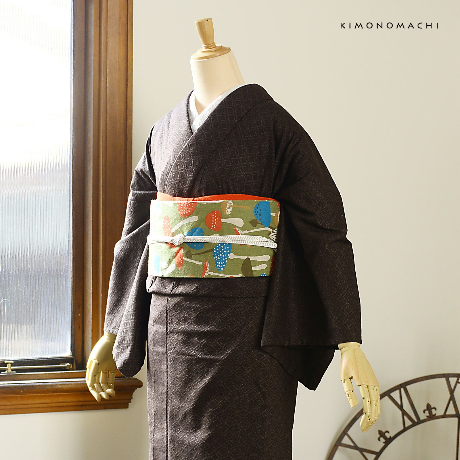 焦茶七宝柄　木綿着物　洗える着物　Lサイズ　トールサイズ 洗える着物 木綿着物と木綿名古屋帯の2点セット「木綿着物：焦げ茶七宝
