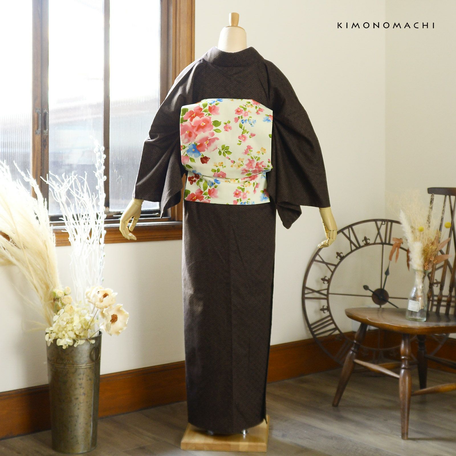 洗える着物 木綿着物と木綿名古屋帯の2点セット「木綿着物：焦げ茶七宝