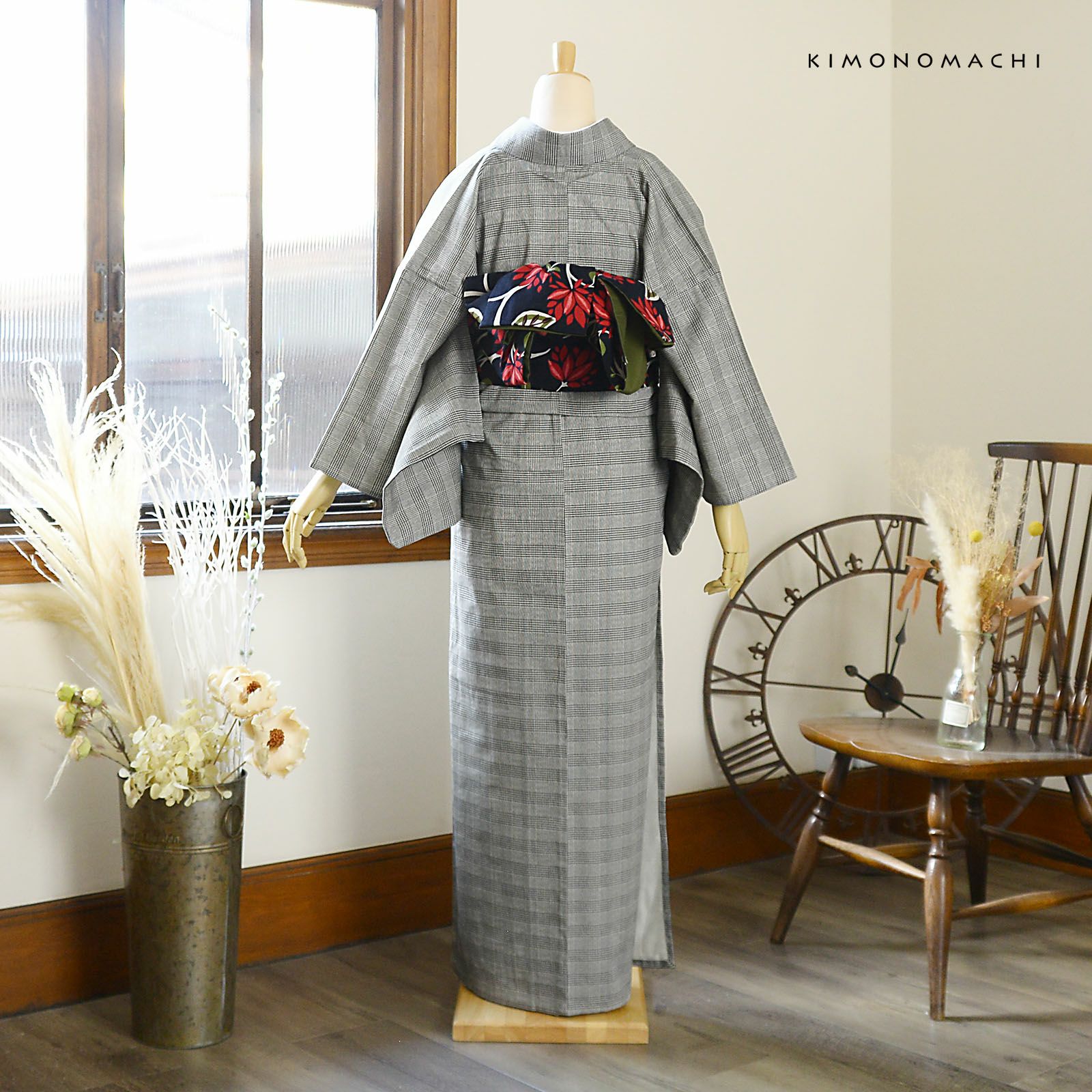 洗える着物 木綿着物と木綿半幅帯の2点セット「木綿着物：グレン