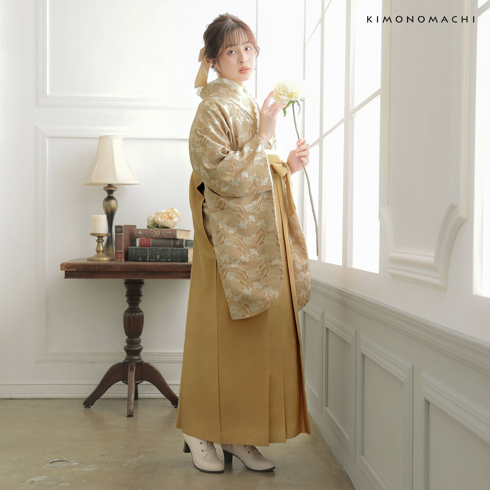 袴 セット 卒業式 女性 4点セット「二尺袖：ベージュ ジャガード織