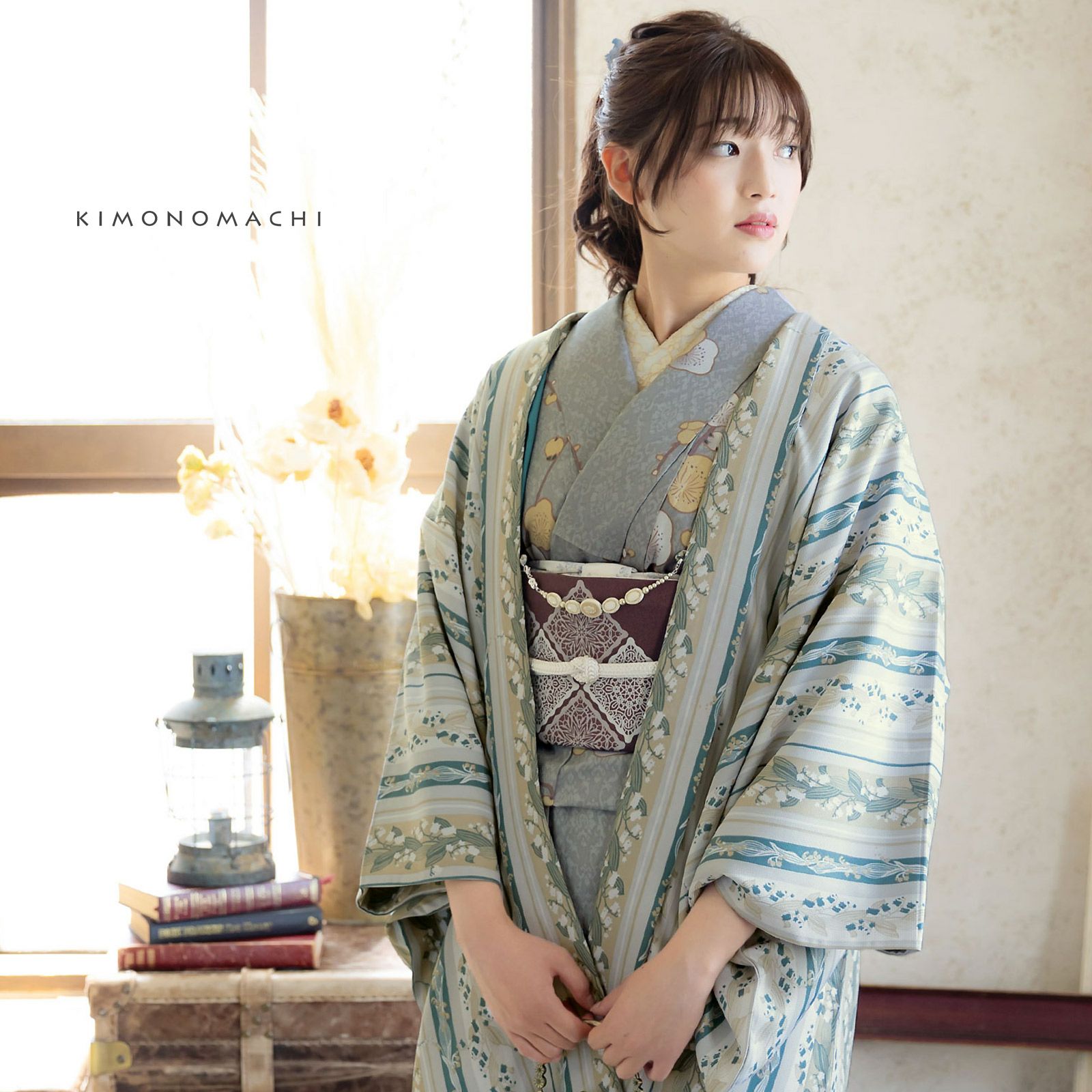 羽織 単品 KIMONOMACHI オリジナル「縞すずらん ベージュ×グリーン