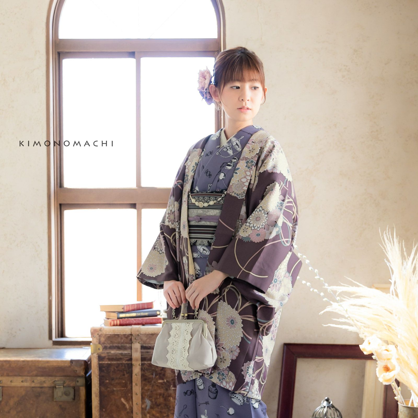 羽織 単品 KIMONOMACHI オリジナル「花くす玉 紫鳶色」ポリエステル
