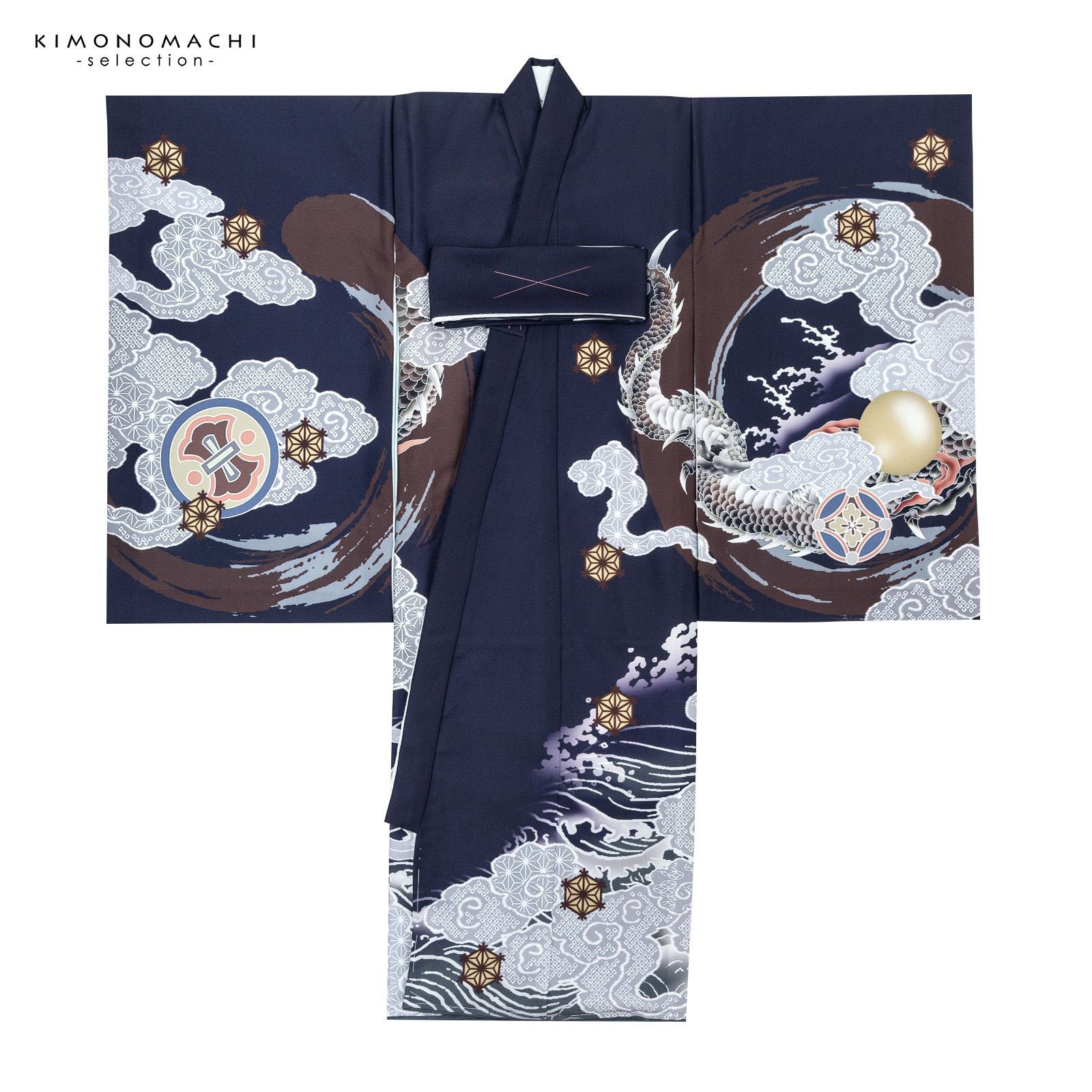 男の子のお宮参り産着 祝い着「紺鼠色 円相、雲龍」日本製 熨斗目 の