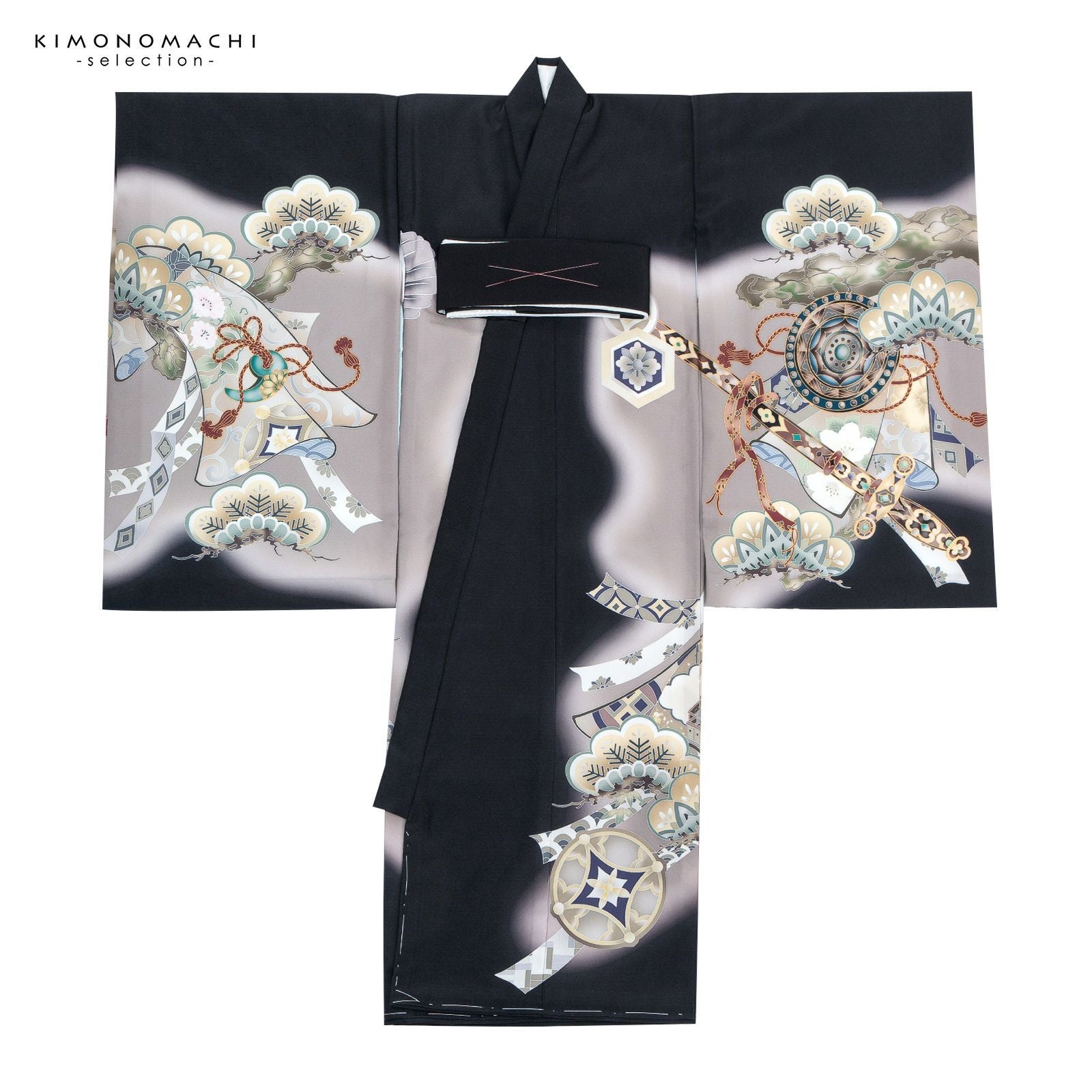 男の子のお宮参り産着 祝い着「黒 三種の神器に鷹」日本製 熨斗目 の