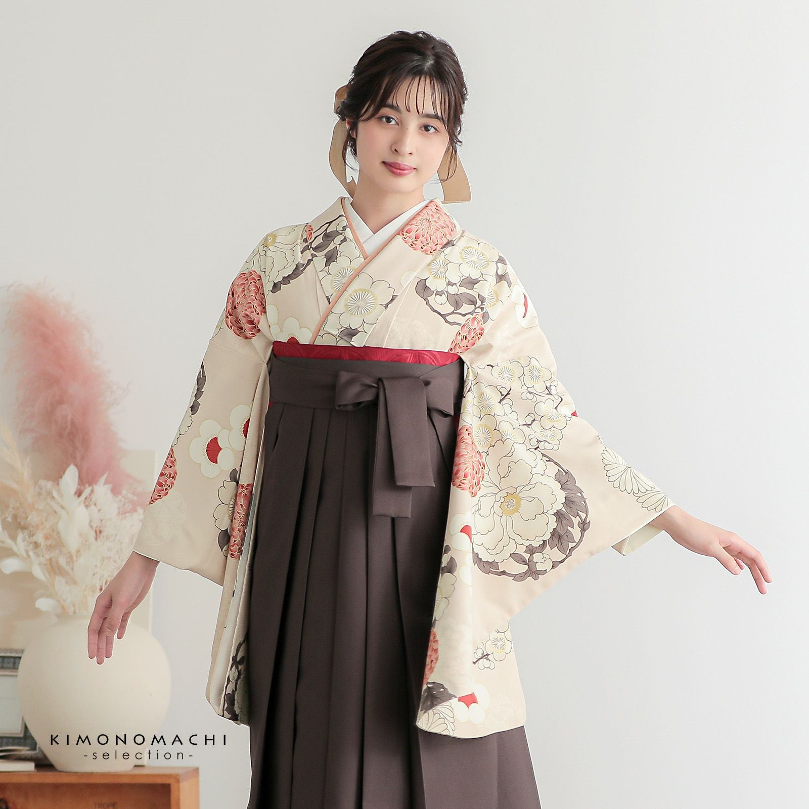 袴 セット 卒業式 女性 4点セット「二尺袖：九重 薄桜色 牡丹、四季花
