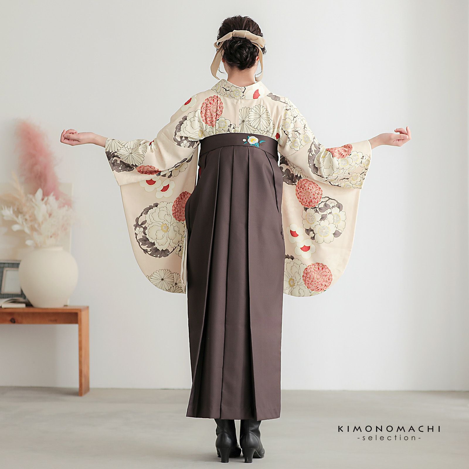 袴 セット 卒業式 女性 4点セット「二尺袖：九重 薄桜色 牡丹、四季花
