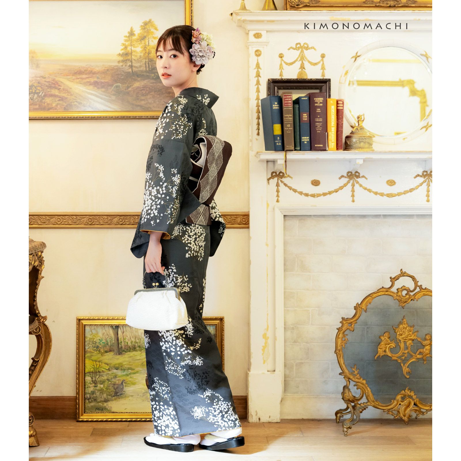 ［7076］訪問着 美品 花青海波 飾り紐 逸品 正絹 着物 袷 洗える着物 セット「袷着物：かすみ草に青海波墨色＋京袋帯：焦茶色