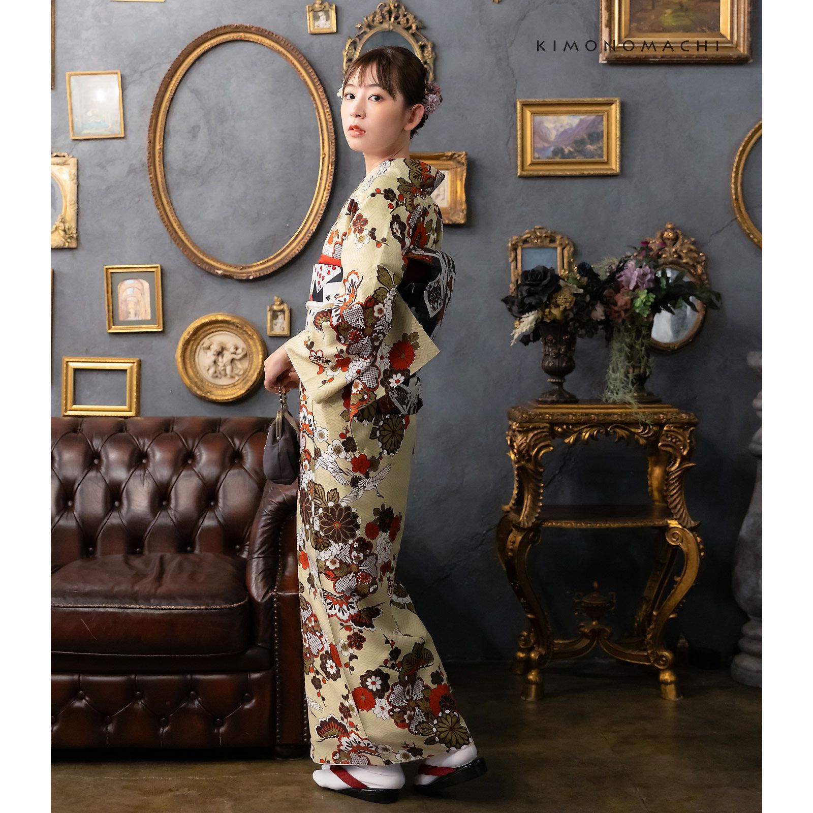 洗える着物 セット「袷着物：鶴と花紋に紗綾形鳥の子色＋京袋帯：黒