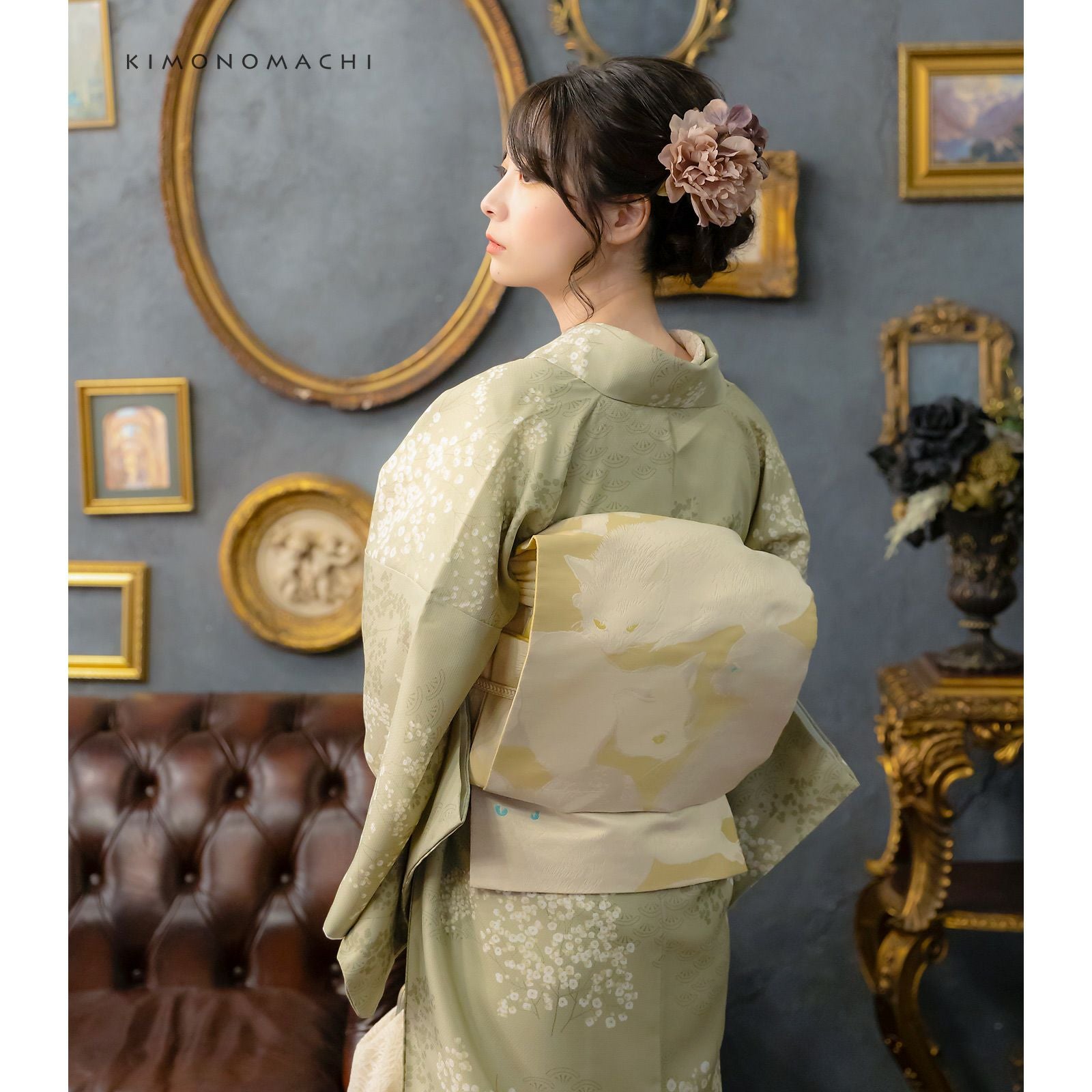 洗える着物 セット「袷着物：かすみ草に青海波灰黄緑＋京袋帯：日向の