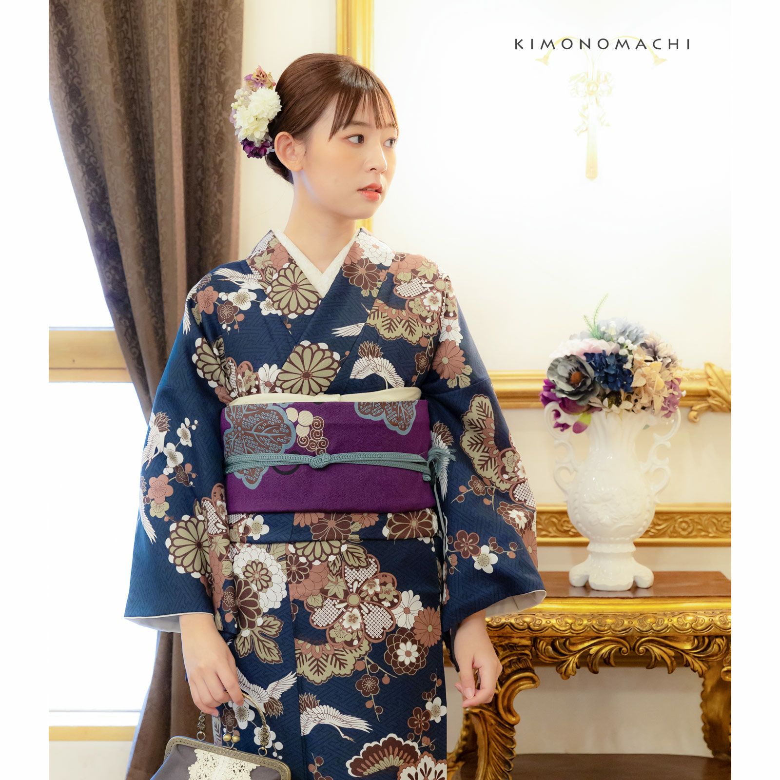 洗える着物 セット「袷着物：鶴と花紋に紗綾形紺色＋京袋帯：狆