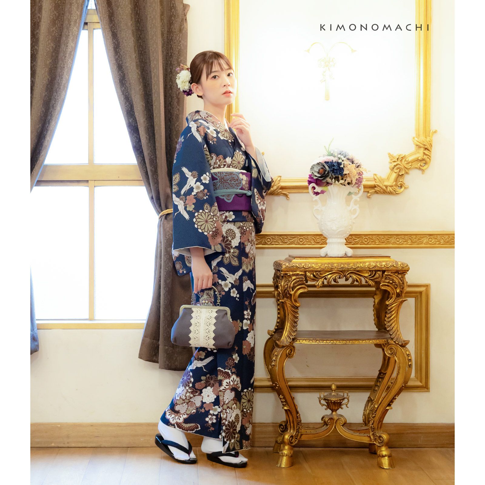 洗える着物 セット「袷着物：鶴と花紋に紗綾形紺色＋京袋帯：狆