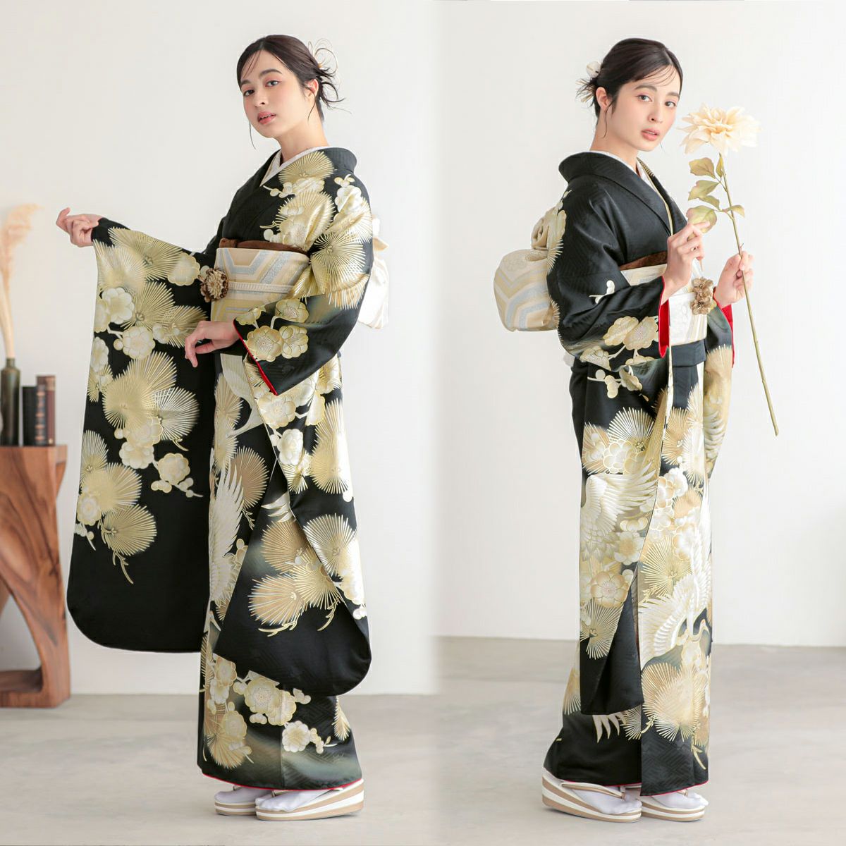 未仕立て 振袖 22点セット「黒金 鶴に松梅」仮絵羽 振り袖 正絹 着物