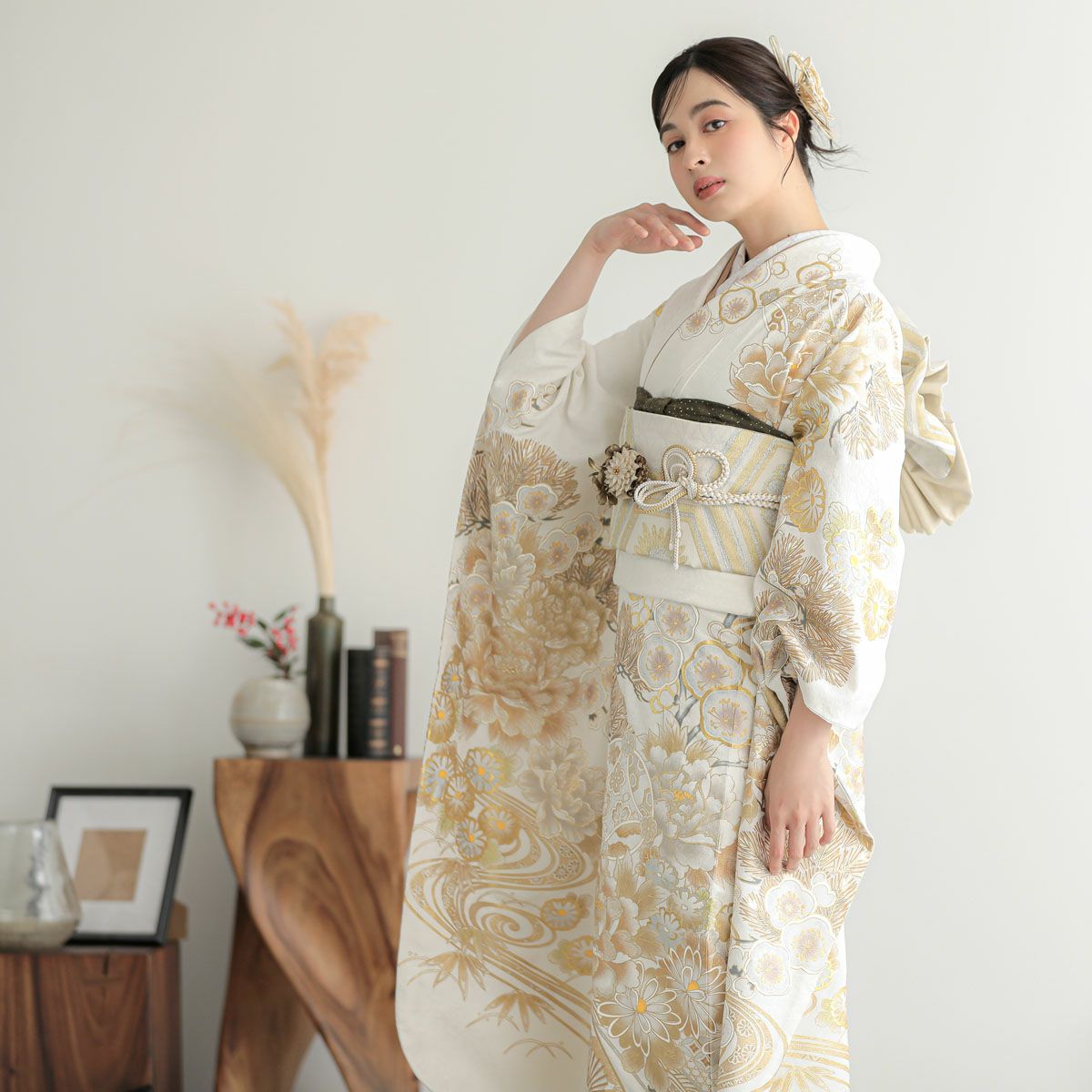 卒業式応援Point10倍 3/19迄)未仕立て 振袖 22点セット「白金 牡丹に