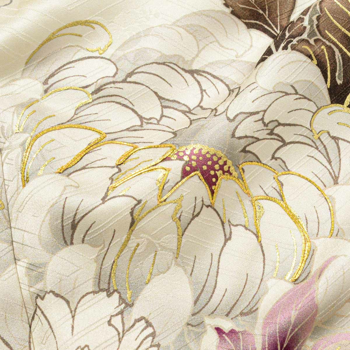 未仕立て 振袖 22点セット「オフホワイト×茶 菊牡丹に笹」仮絵羽