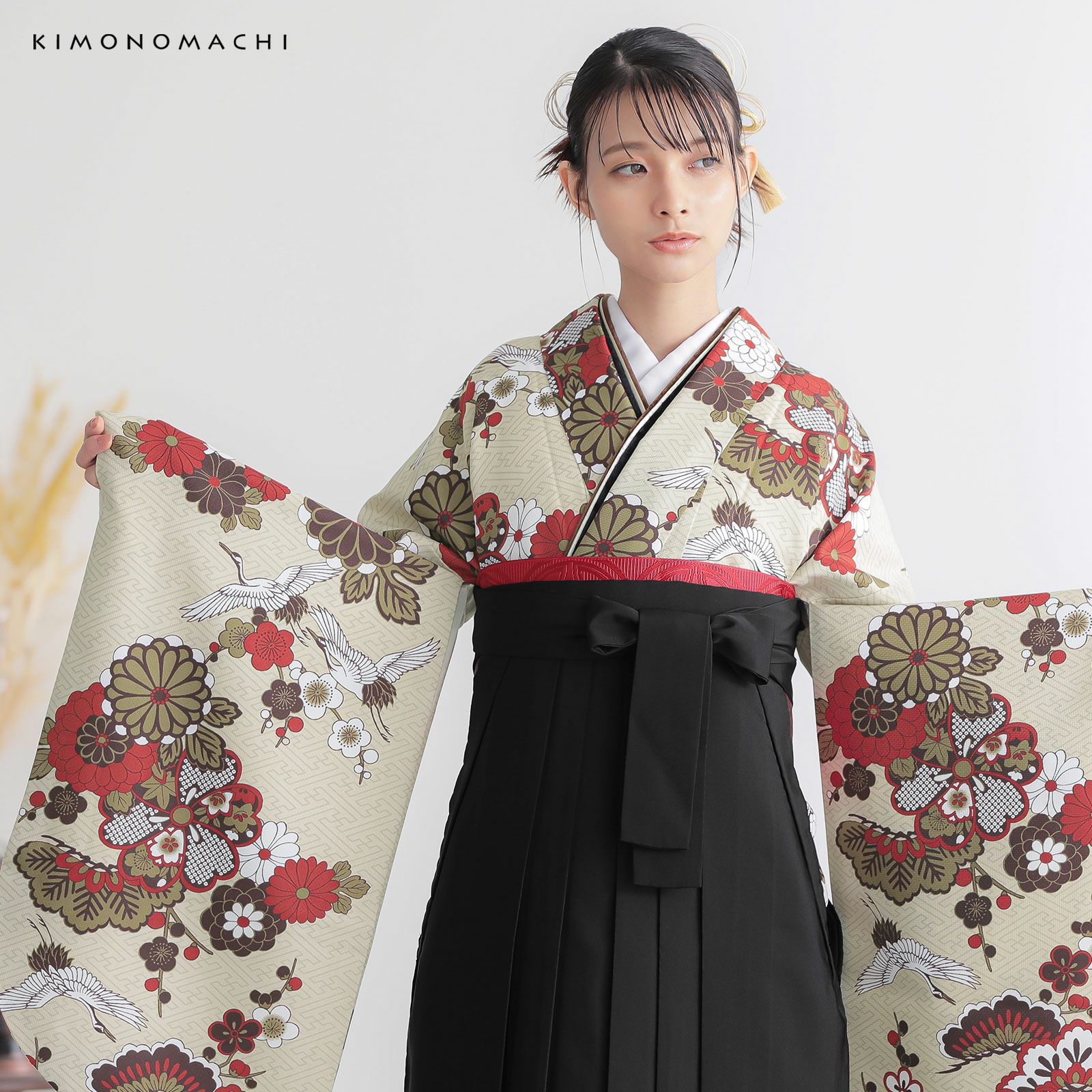 和風女性の置物 花柄 着物　芸者 最高級古典柄振袖 吉澤織物/文楽/人間国宝吉田簑助 緑/白 御所車柄