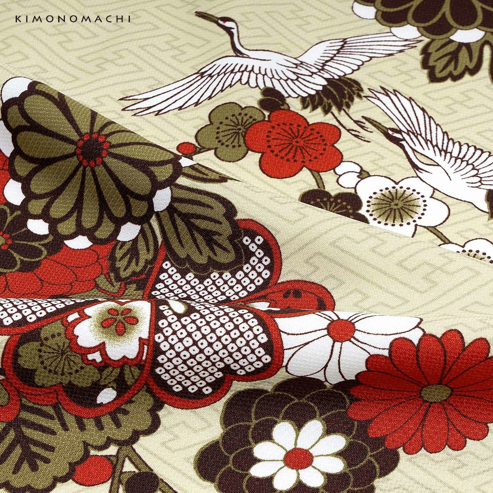 二尺袖着物 単品「鶴と花紋に紗綾形 鳥の子色」KIMONOMACHIオリジナル