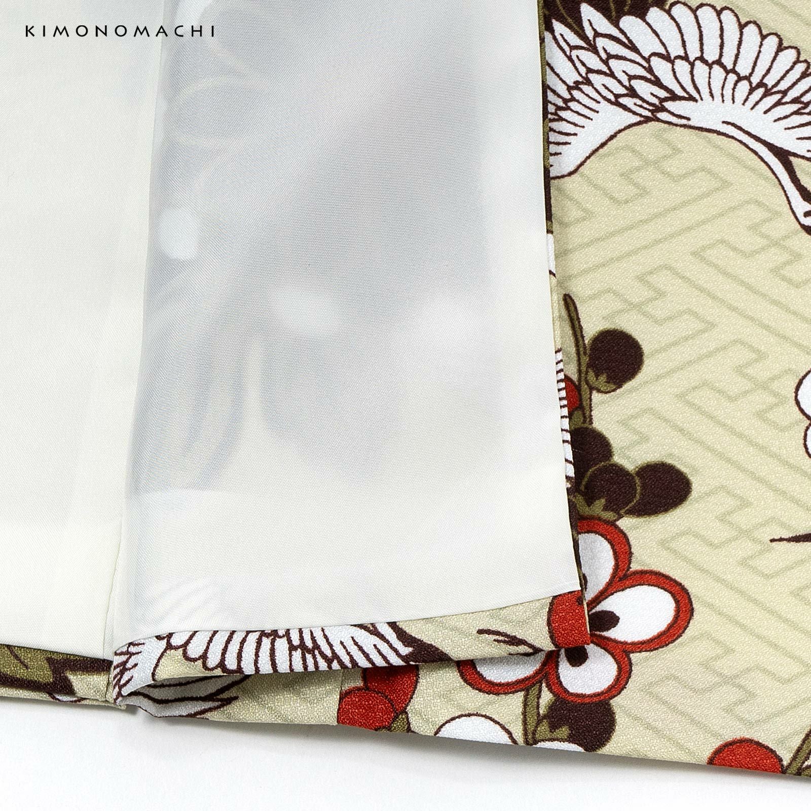 二尺袖着物 単品「鶴と花紋に紗綾形 鳥の子色」KIMONOMACHIオリジナル