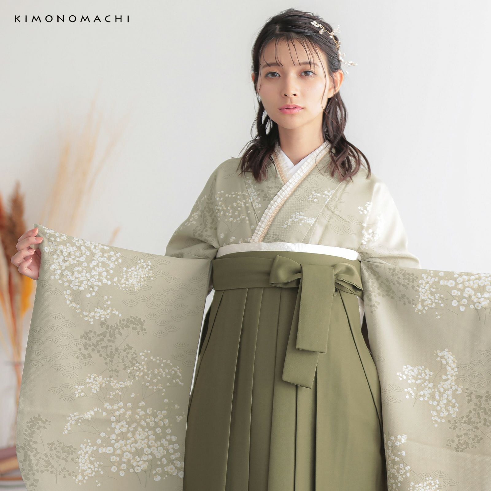 二尺袖着物 単品「かすみ草に青海波 灰黄緑」KIMONOMACHIオリジナル お