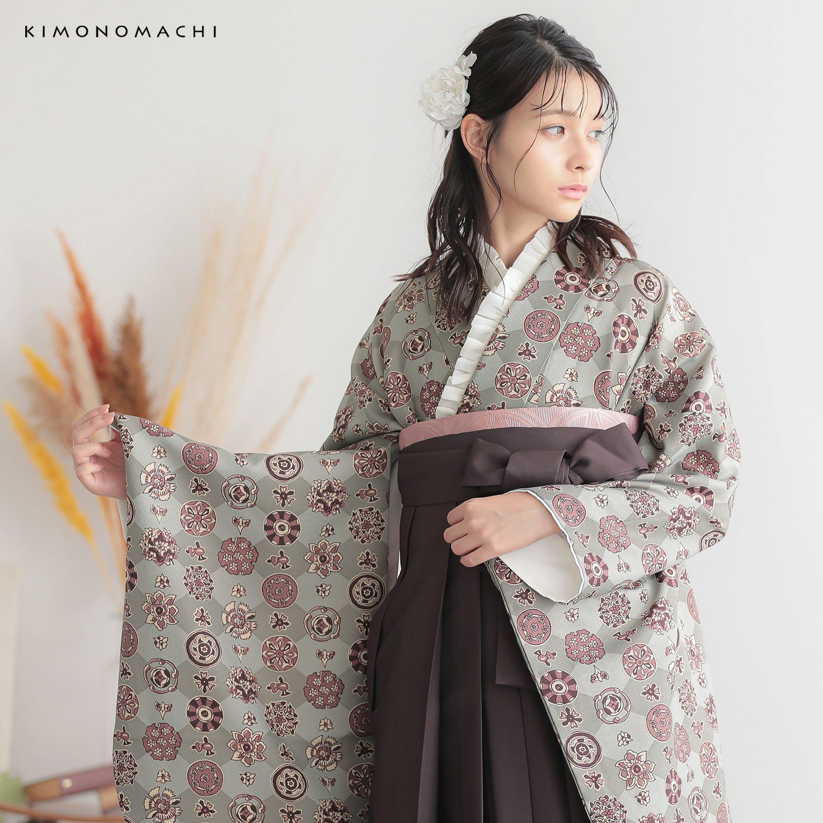 二尺袖着物 単品「丸花更紗に菱 灰釉色」KIMONOMACHIオリジナル お